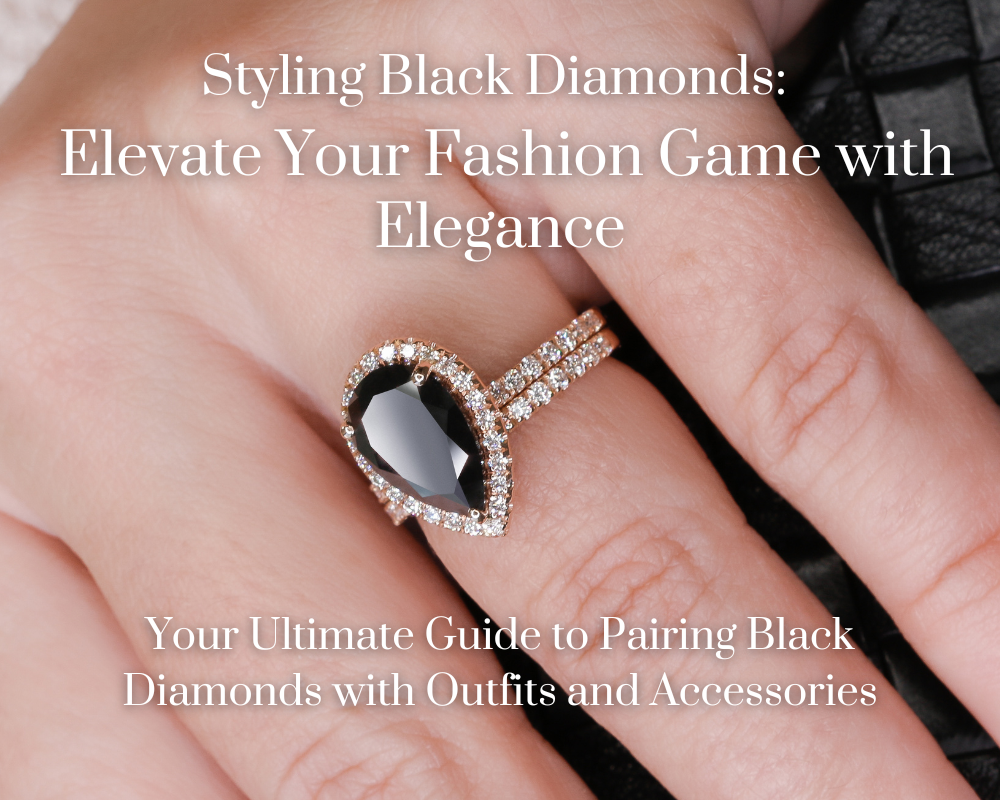 Pear shaped black diamond engagement ring with a white diamond halo and a matching pavé band in rose gold, worn on the hand