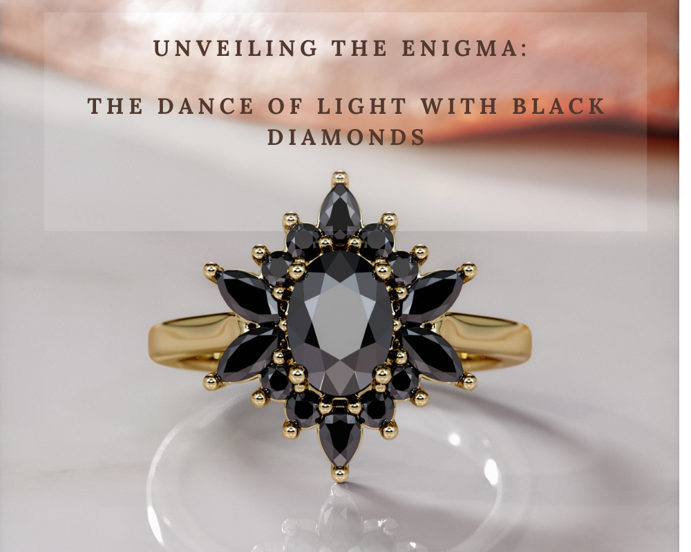 Floral black diamond engagement ring with an oval black center and black marquise petals in yellow gold