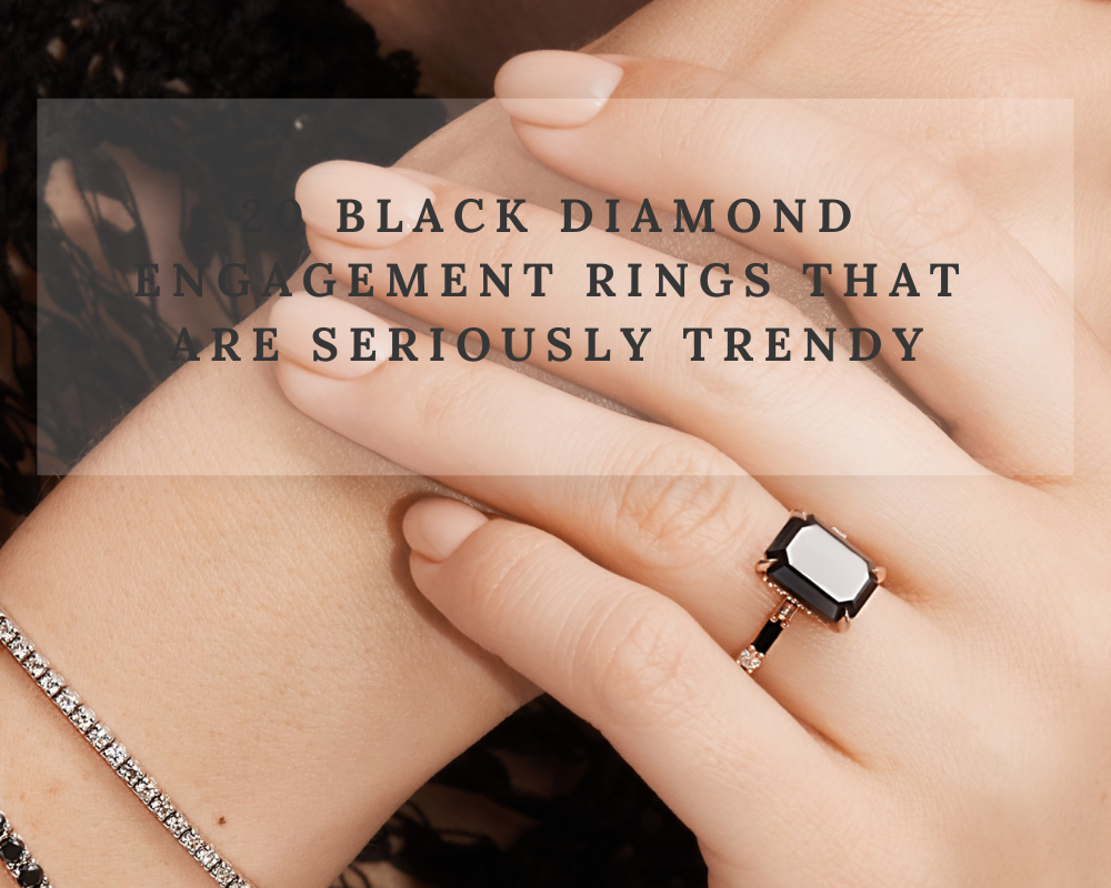 Emerald cut black diamond engagement ring in rose gold on a woman's hand, with a black and white diamond tennis bracelet