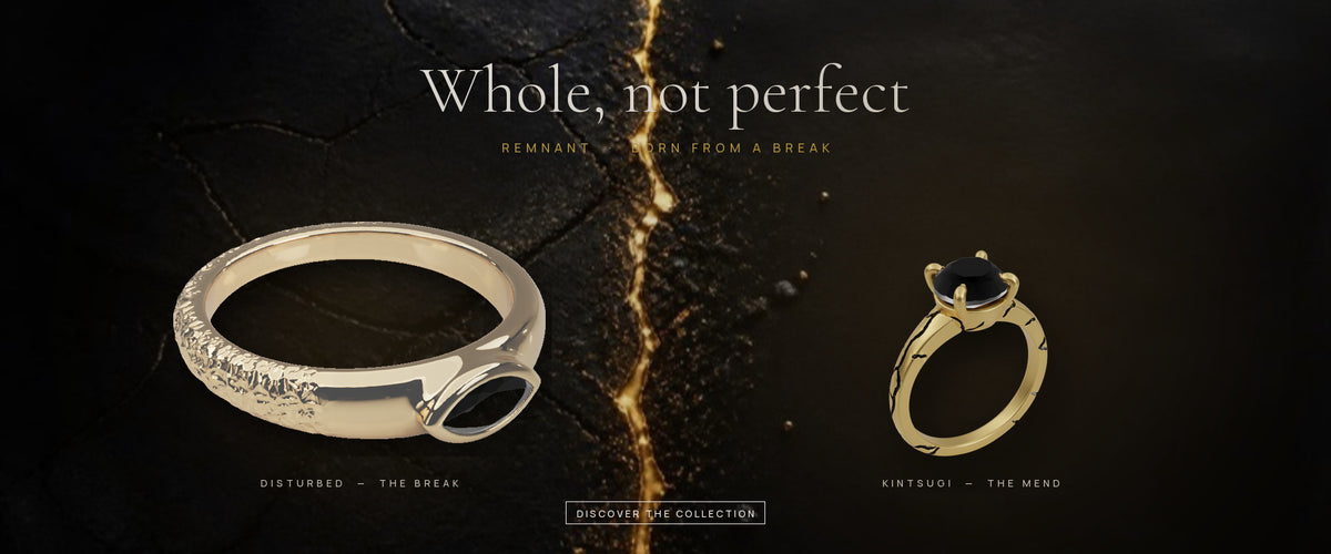 REMNANT. Whole, not perfect: the Disturbed ring and the Kintsugi ring on either side of a gold seam