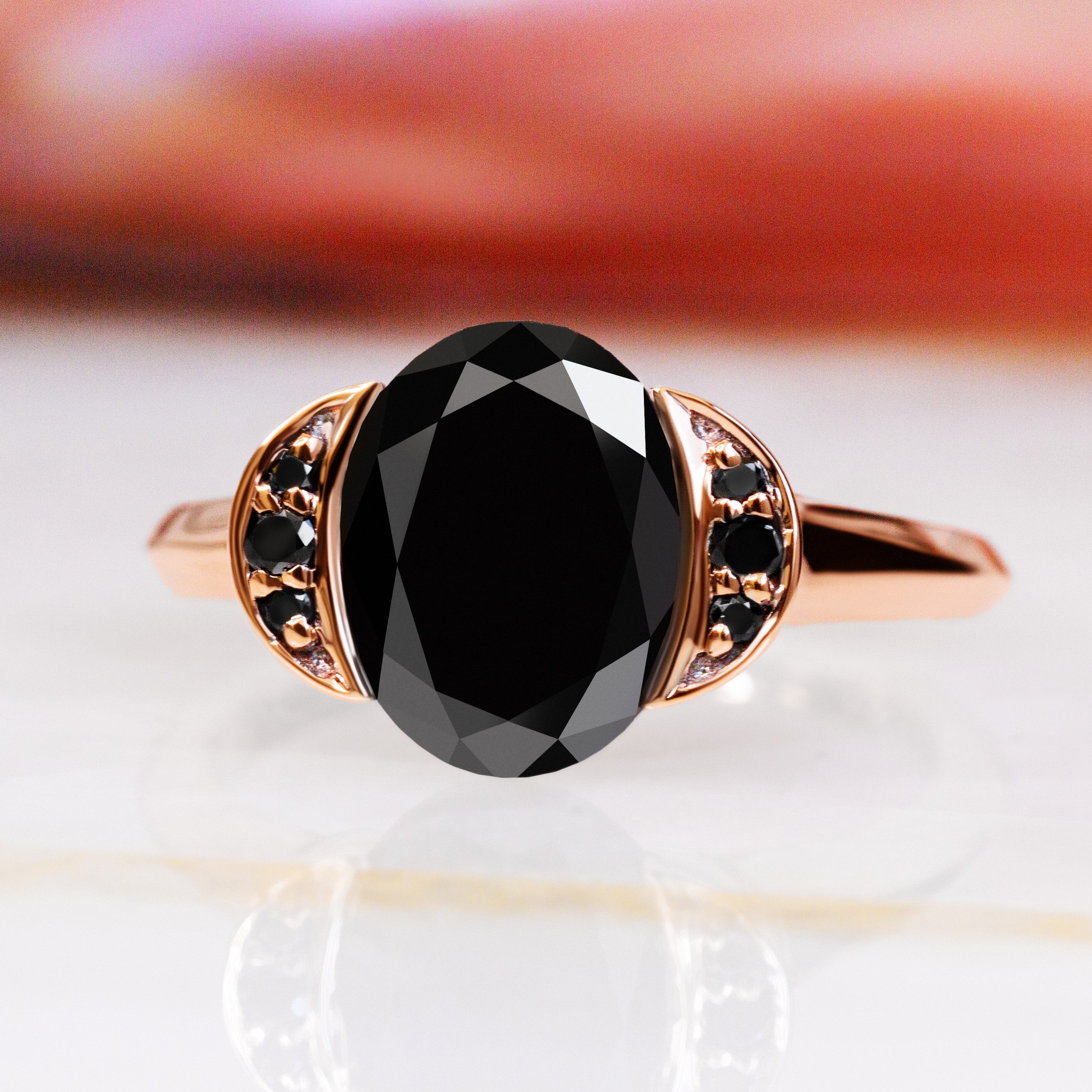 Crescent Natural Black Diamond Oval Engagement Ring