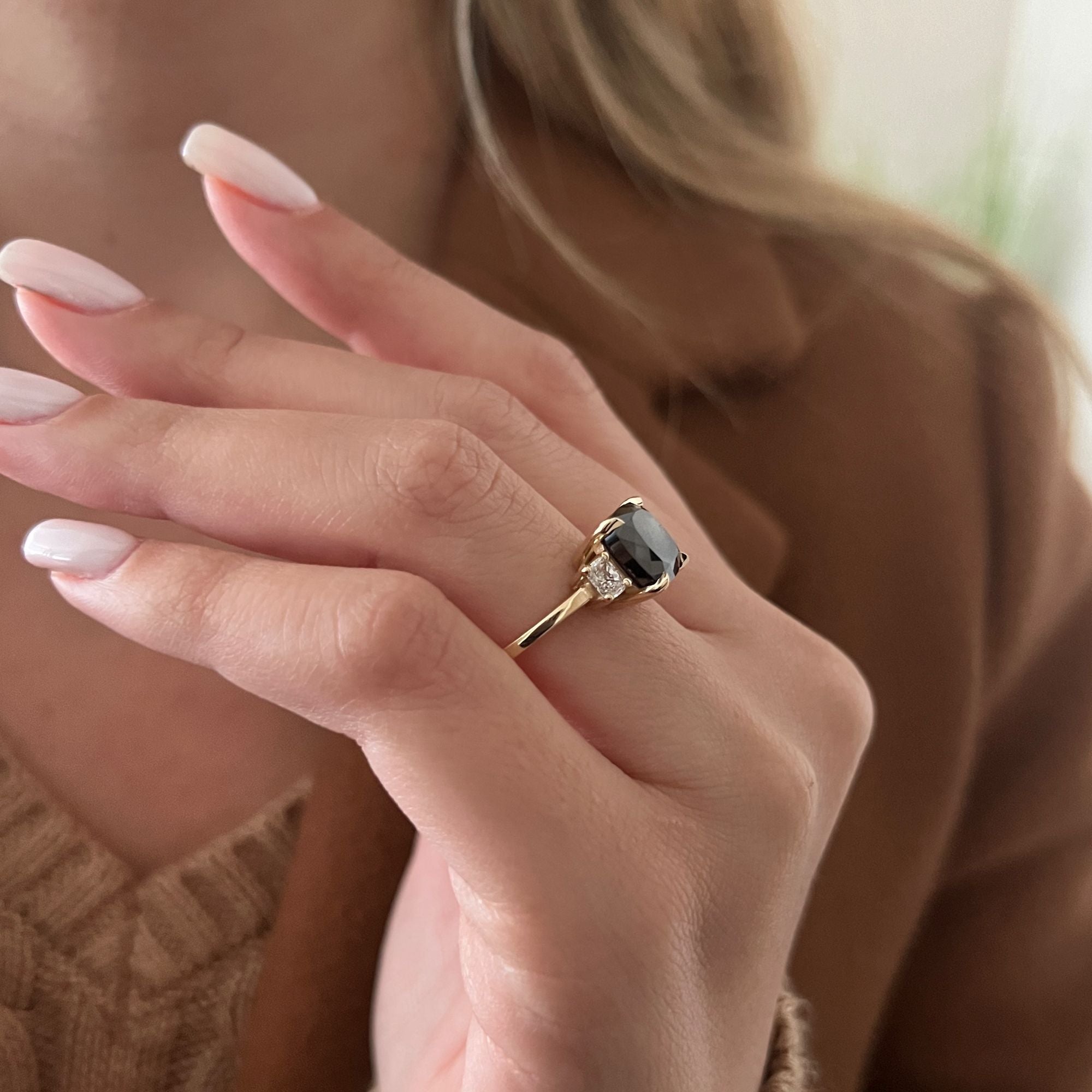 Three Stone Natural Black Diamond Cushion Engagement Ring in Yellow Gold