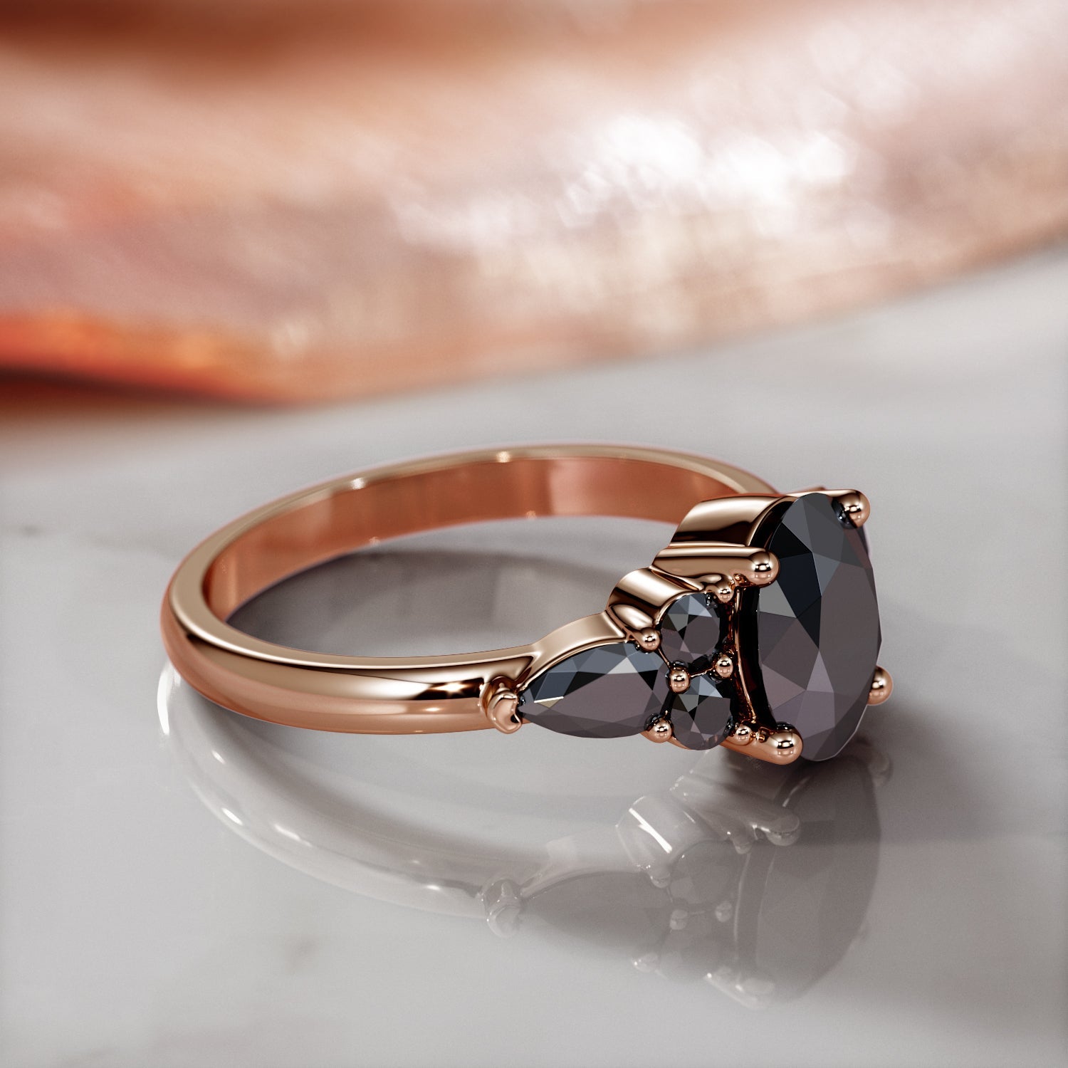 Art Deco Natural Black Diamond Oval Engagement Ring in Rose Gold