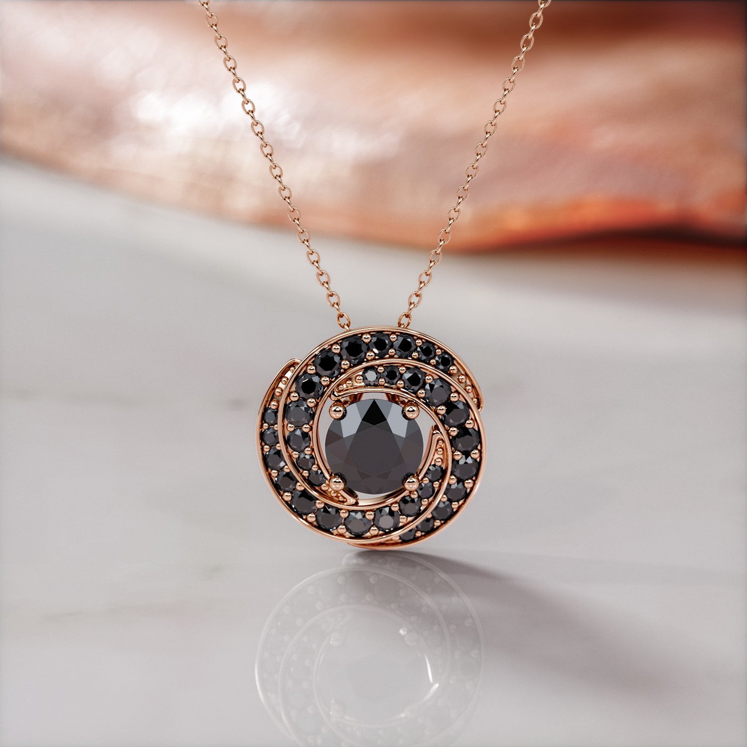 Natural Black Diamond Halo Pendant with Necklace