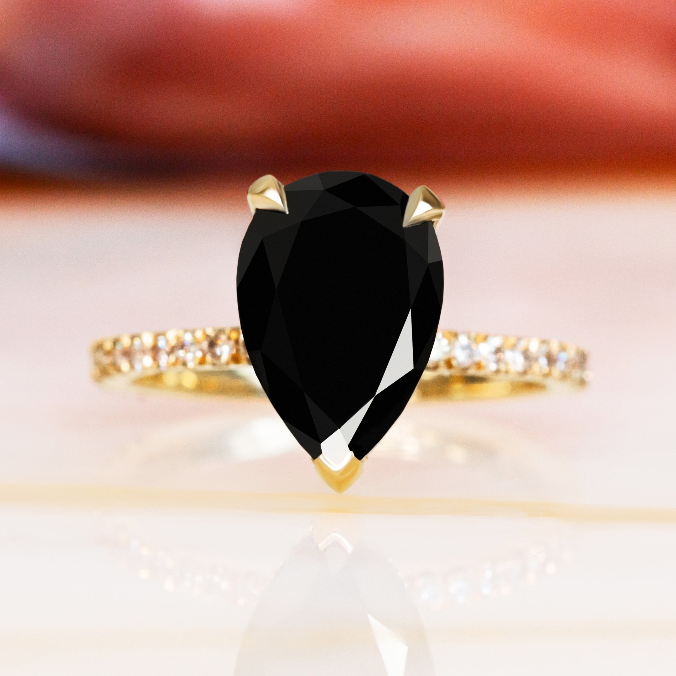 Hidden Halo Natural Black Diamond Pear Engagement Ring in Yellow Gold