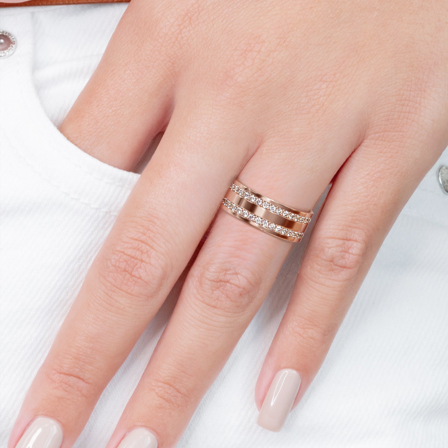 Two-Row Natural Round cut Diamond Wedding Band