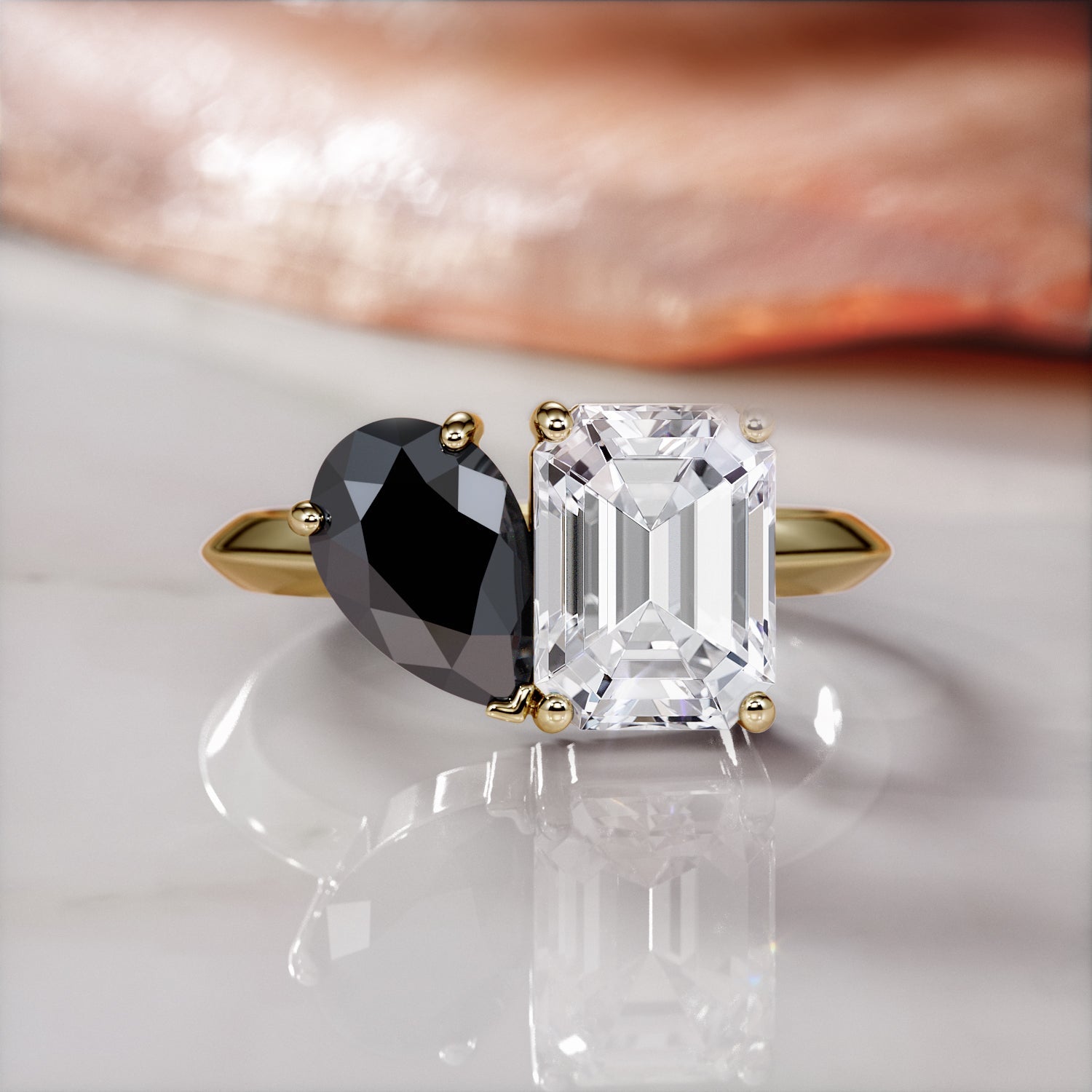 Two Stone Natural Black Diamond Pear Engagement Ring in Yellow Gold