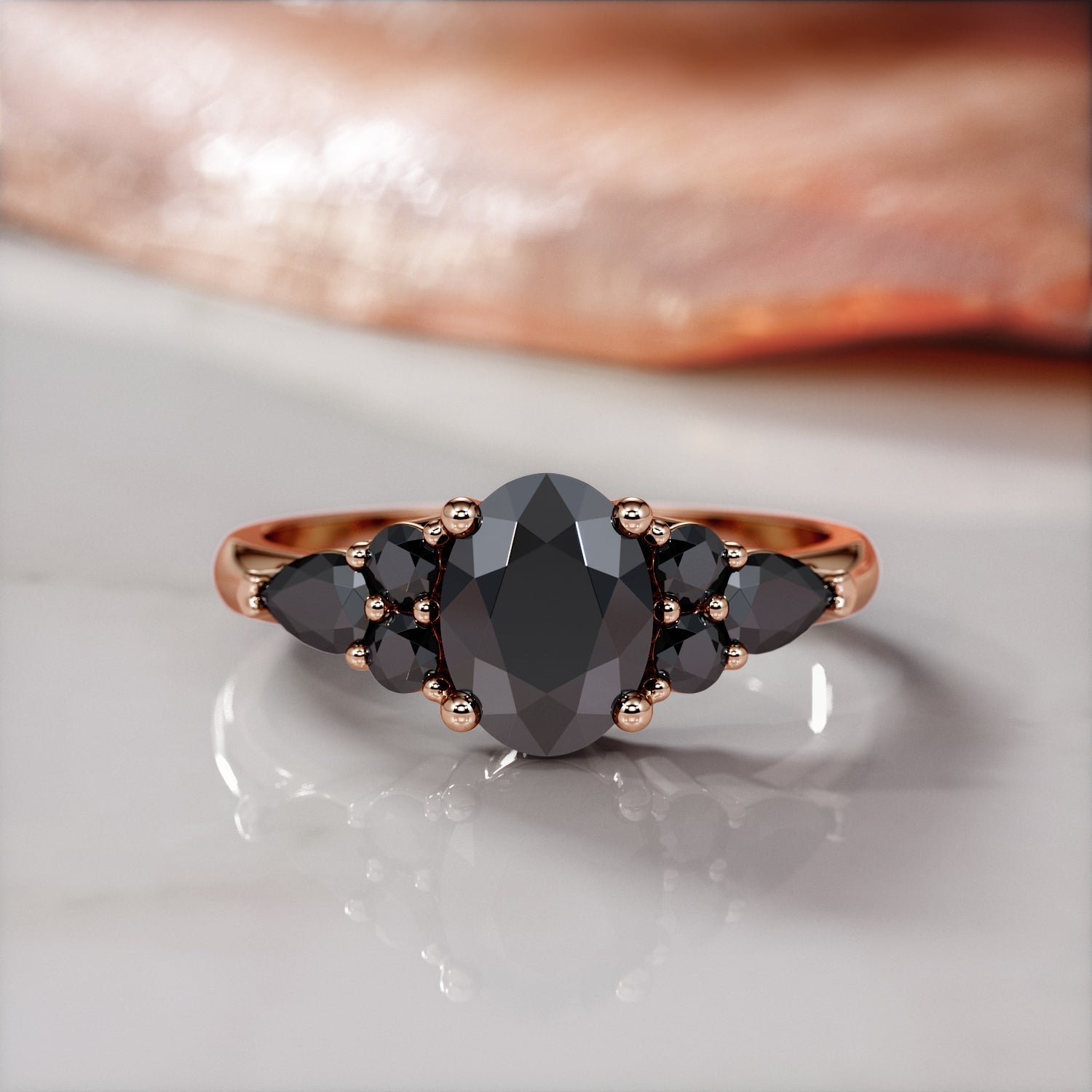 Art Deco Natural Black Diamond Oval Engagement Ring in Rose Gold