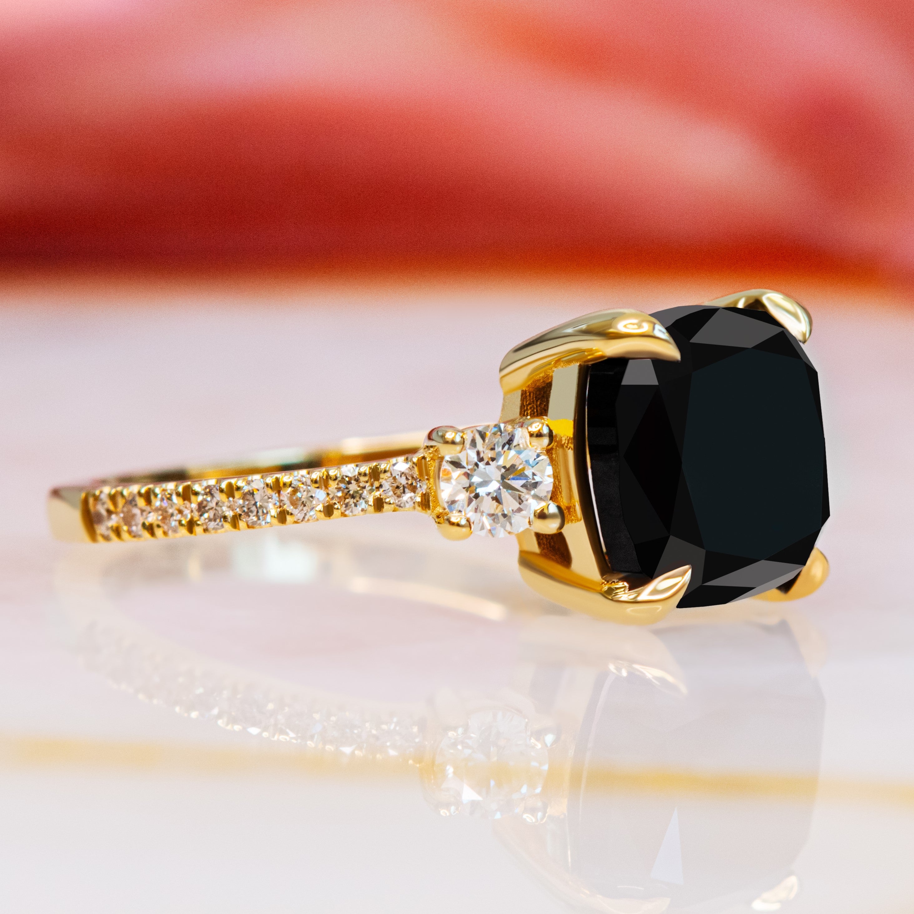 Three Stone Natural Black Diamond Cushion Engagement Ring