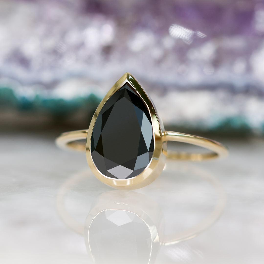 Bezel Natural Black Diamond Pear Cut Engagement Ring