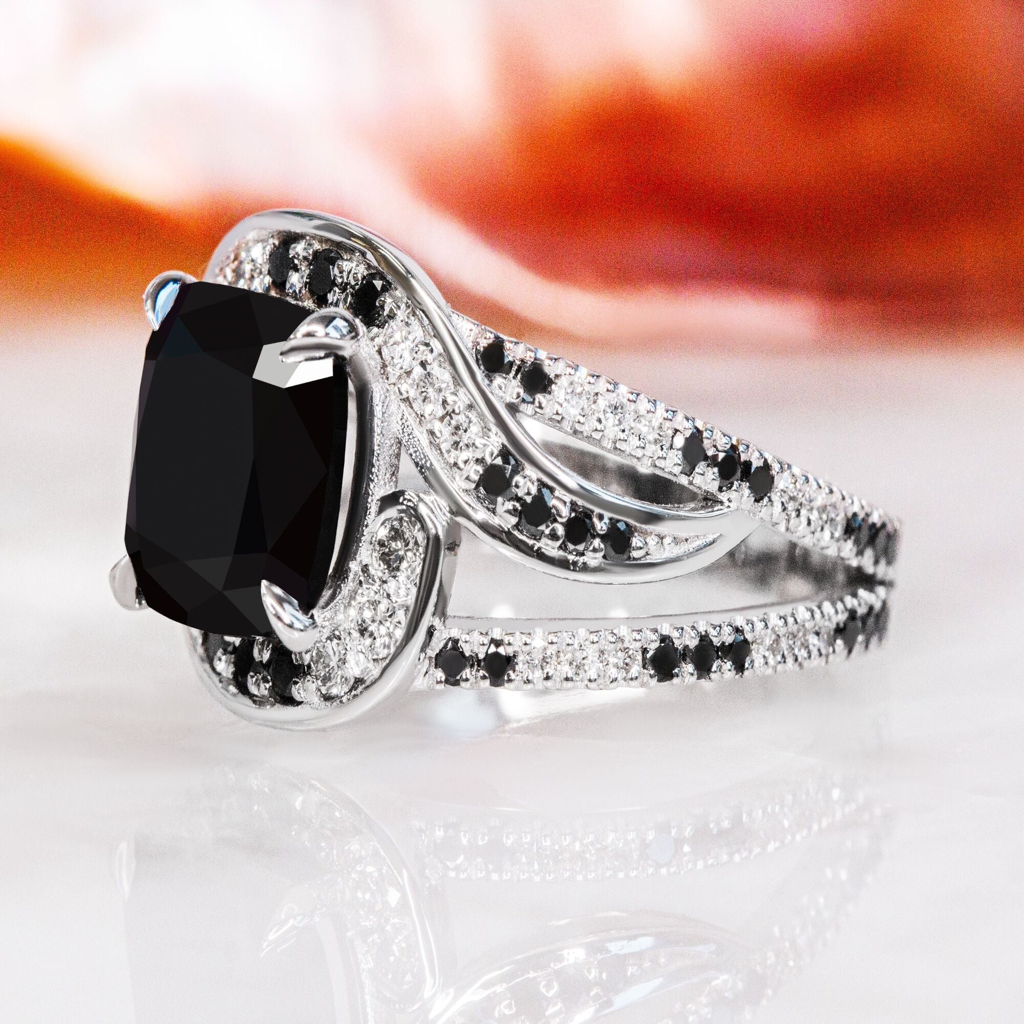 Black & White Natural Black Diamond Cushion Engagement Ring in White Gold