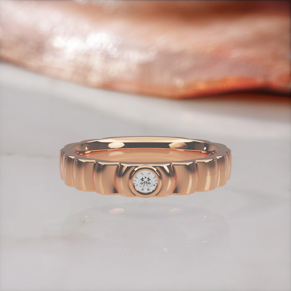 Gravitational Wave wedding band in rose gold with a natural white diamond, front view