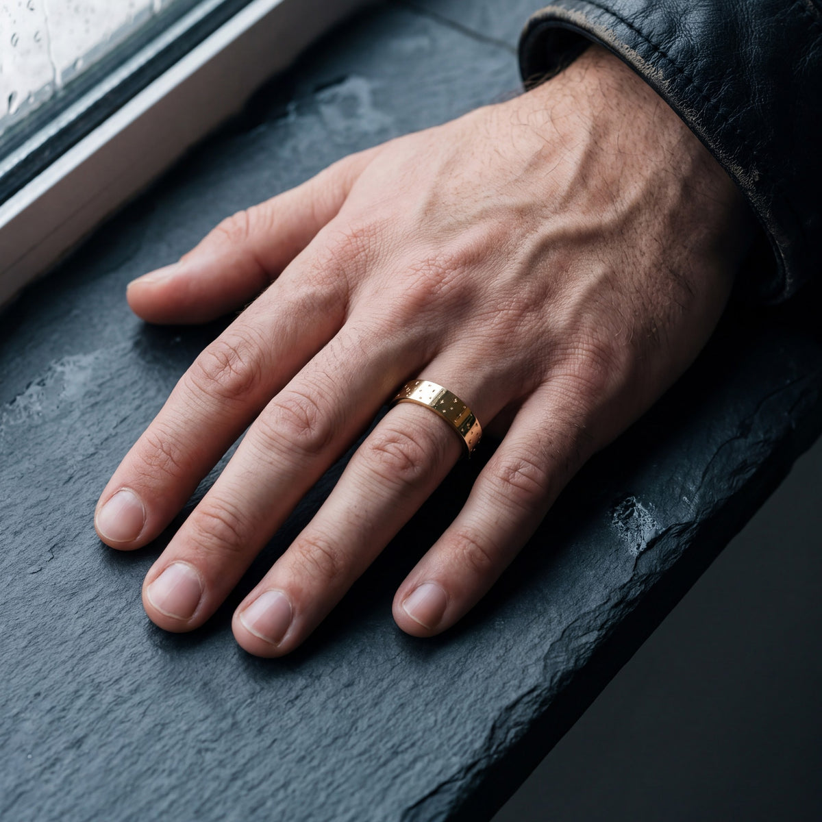 Starz 5 mm star engraved wedding band in yellow gold on a man's hand, slate windowsill