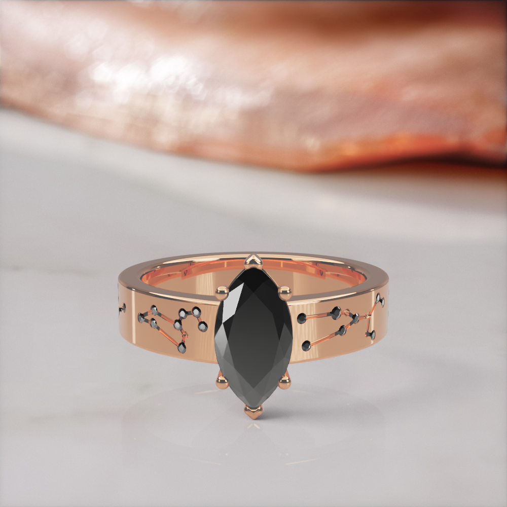 Constellation engagement ring in rose gold with a natural black marquise diamond and black constellation diamonds, front view lying flat