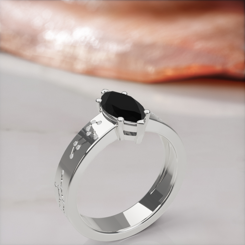 Constellation engagement ring in white gold with a natural black marquise diamond and white constellation diamonds, standing three-quarter view
