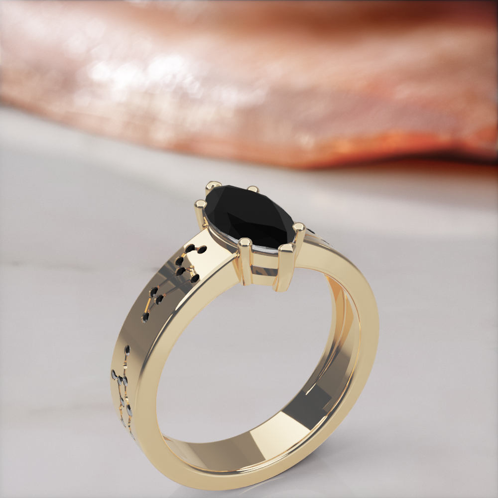Constellation engagement ring in yellow gold with a natural black marquise diamond and black constellation diamonds, standing three-quarter view