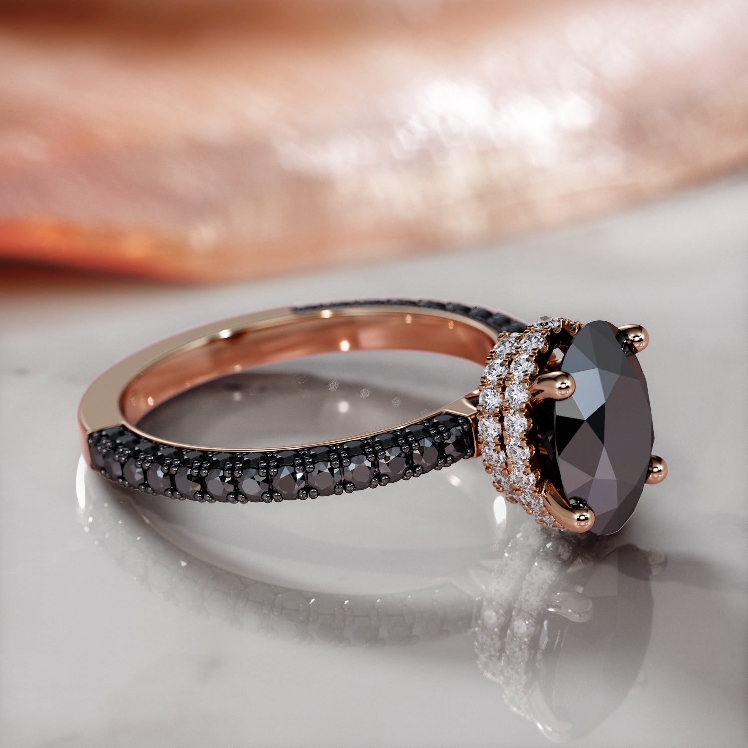 Oval Black Diamond Engagement Ring- Black Diamond Natural Black Diamond Oval Engagement Ring in Rose Gold