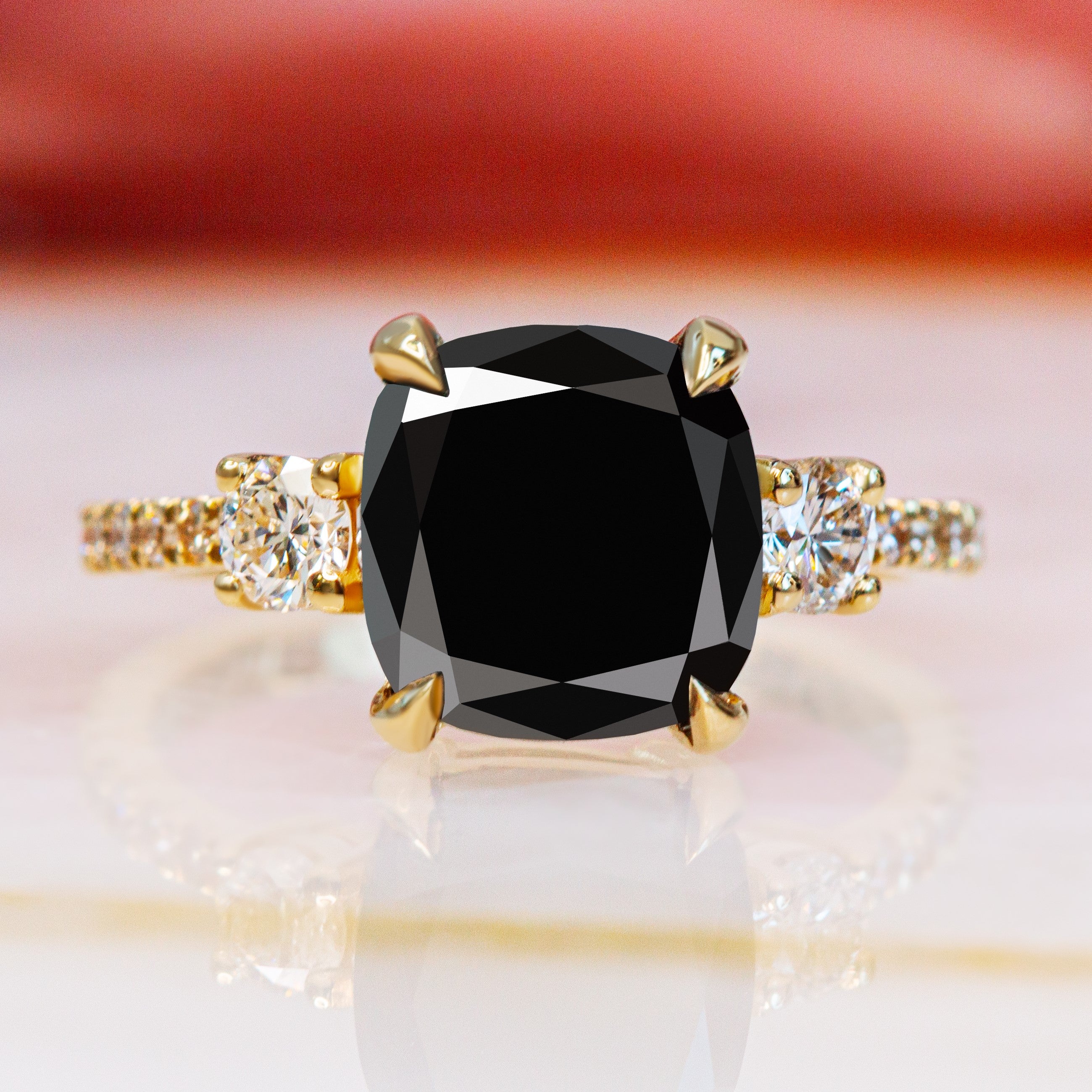 Three Stone Natural Black Diamond Cushion Engagement Ring