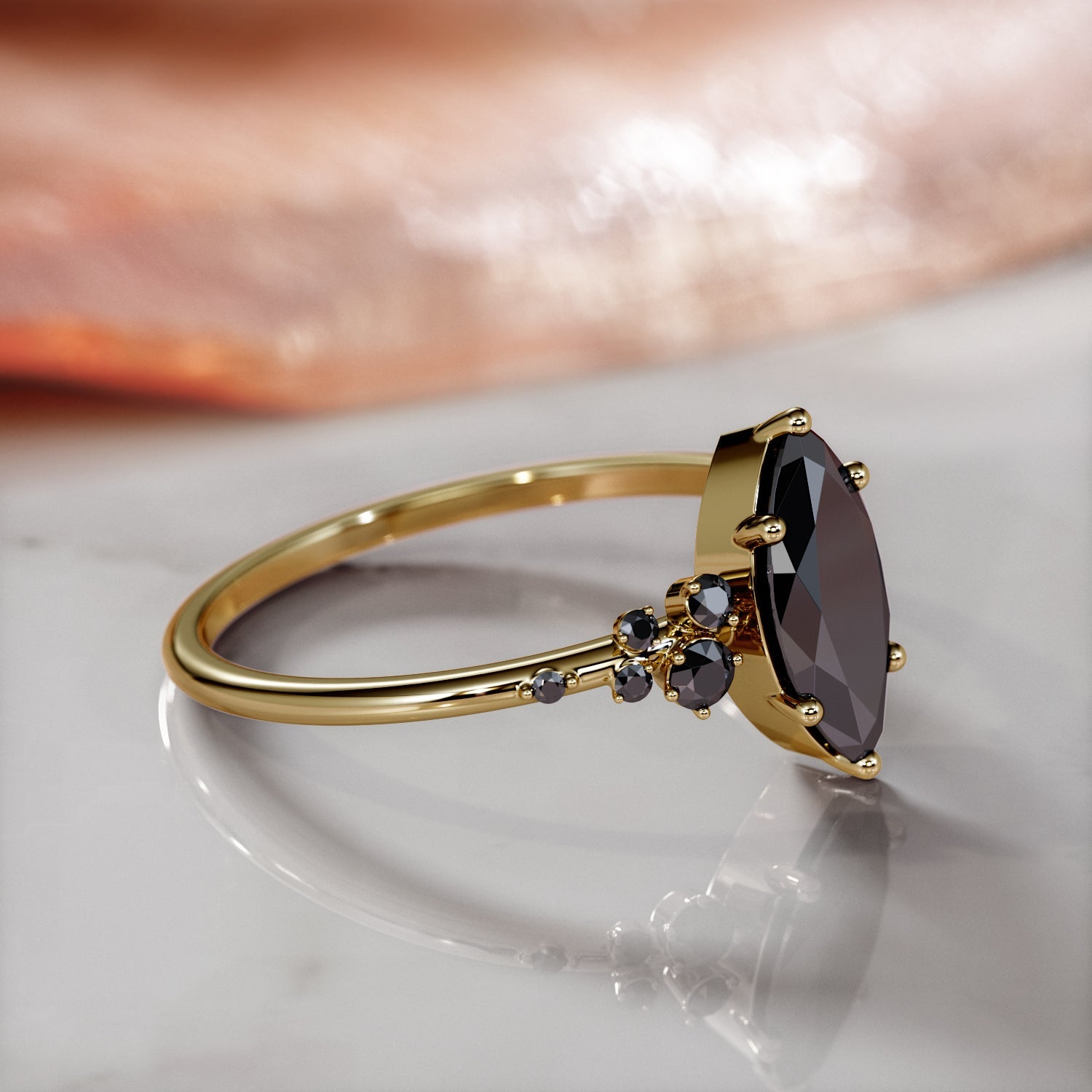 Cluster Natural Black Diamond Marquise Engagement Ring in Yellow Gold