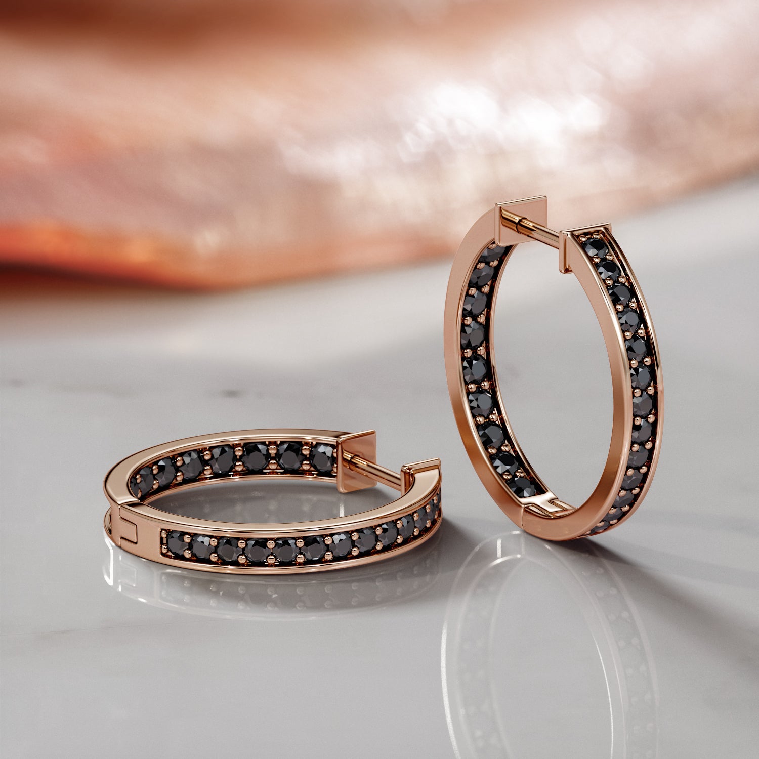 1 Carats black diamonds Rose / Yellow Gold Earrings