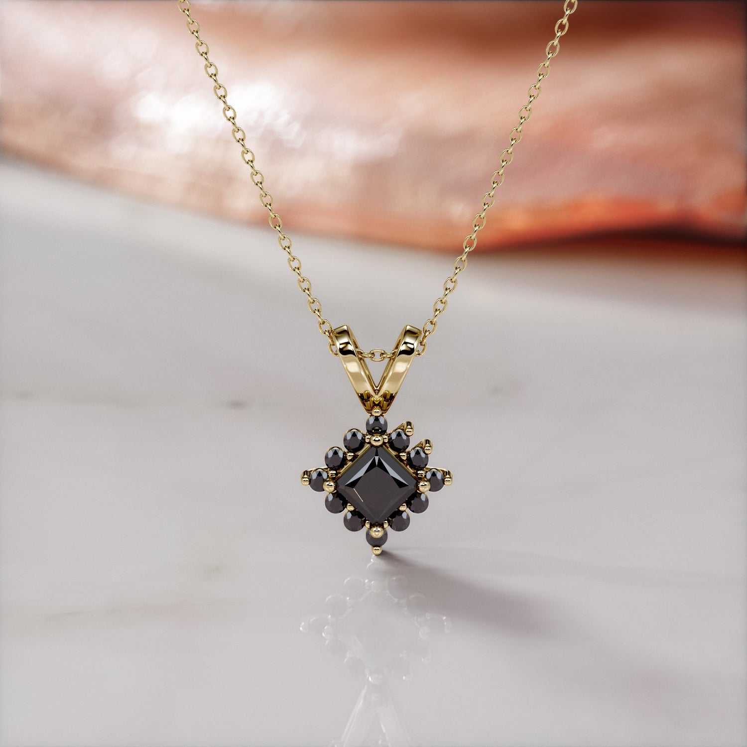Halo Natural Black Diamond Princess Pendant with Necklace