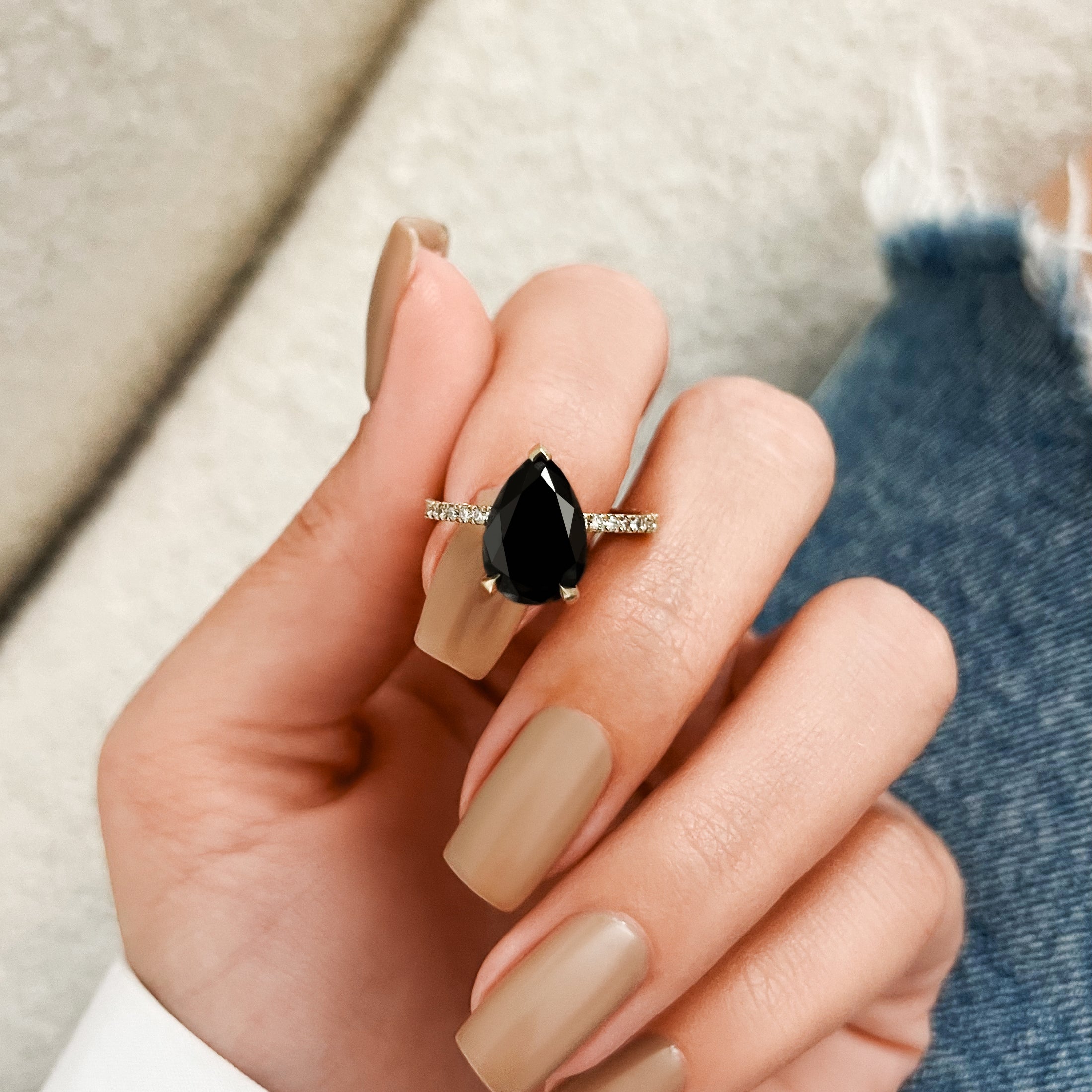 Hidden Halo Natural Black Diamond Pear Engagement Ring in Yellow Gold