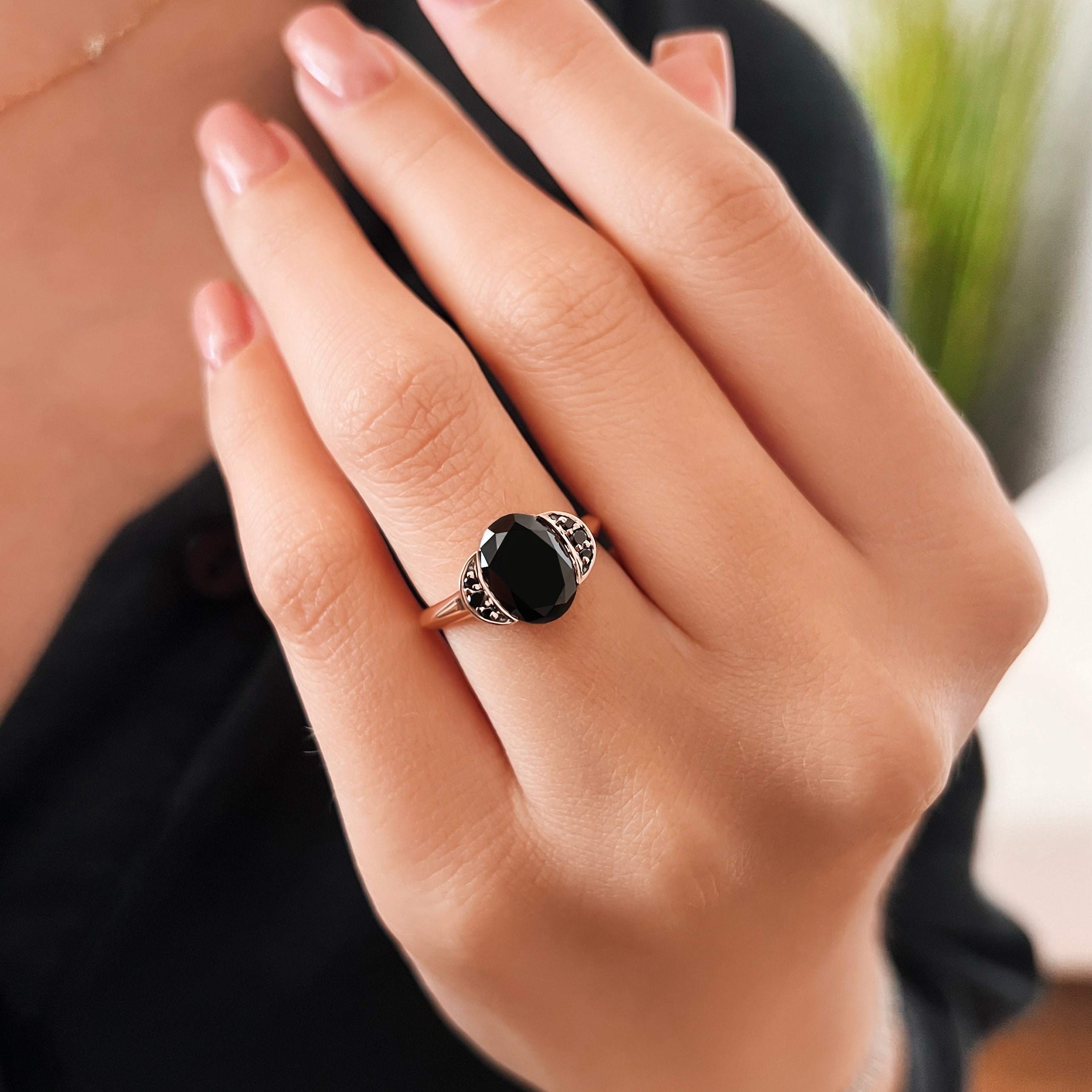 Crescent Natural Black Diamond Oval Engagement Ring