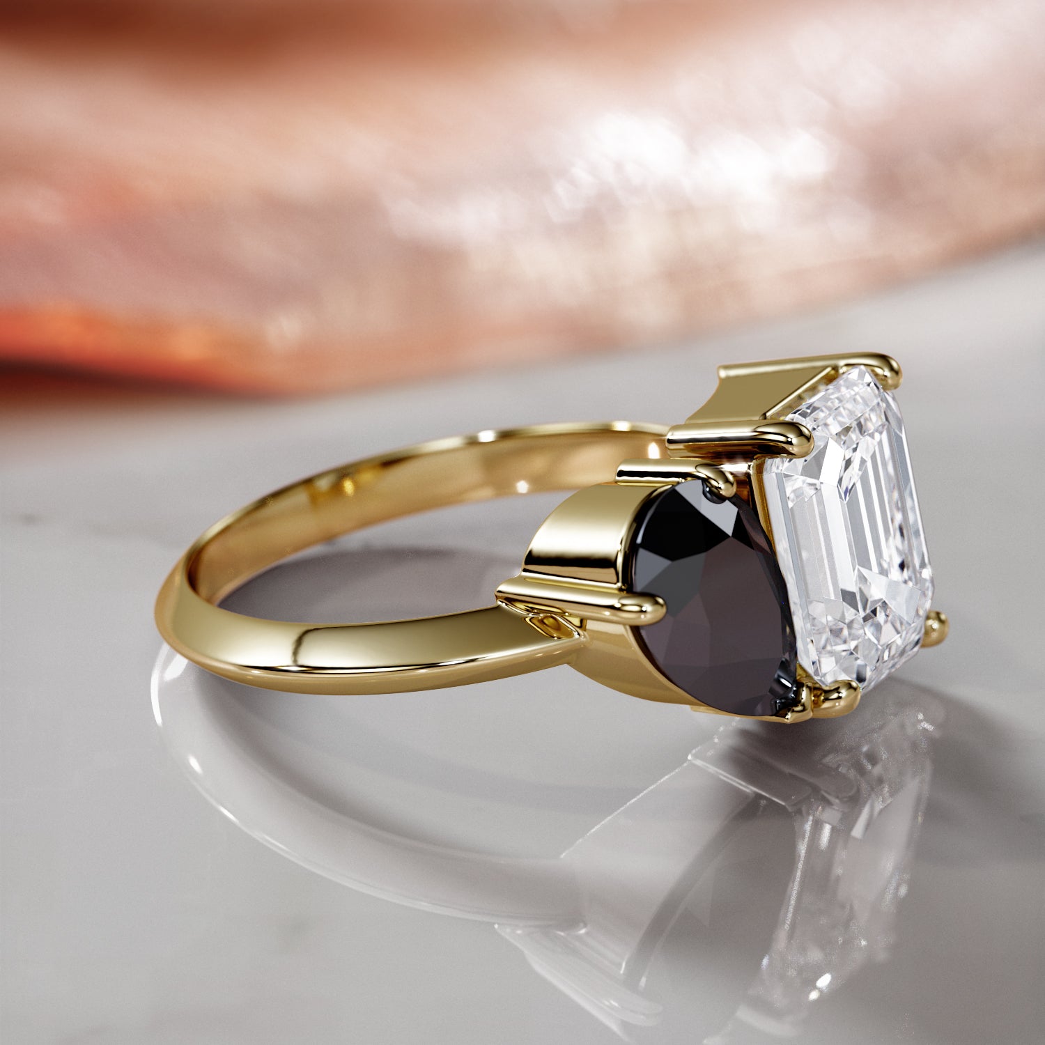 Two Stone Natural Black Diamond Pear Engagement Ring in Yellow Gold