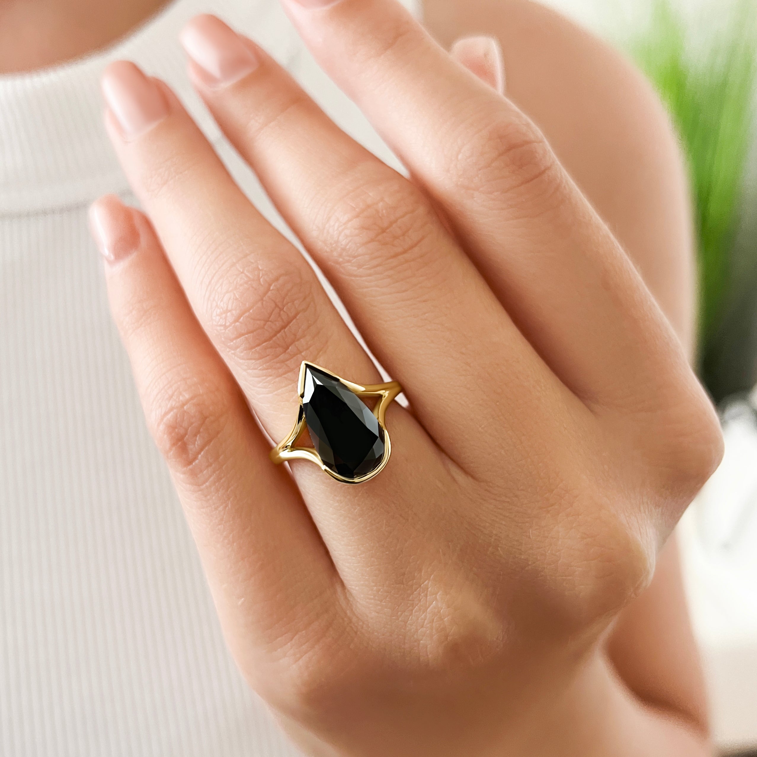 Semi Bezel Natural Black Diamond Elongated Pear Engagement Ring in Yellow Gold