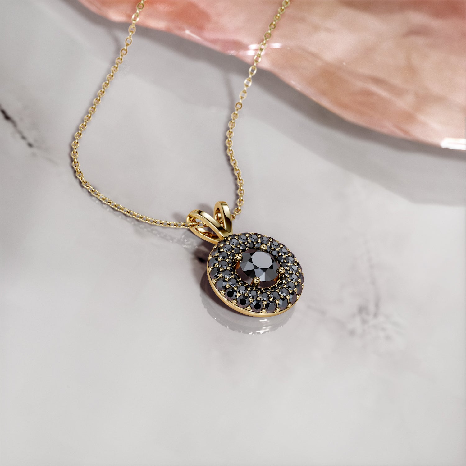 Halo Natural Black Diamond Round Pendant with Necklace