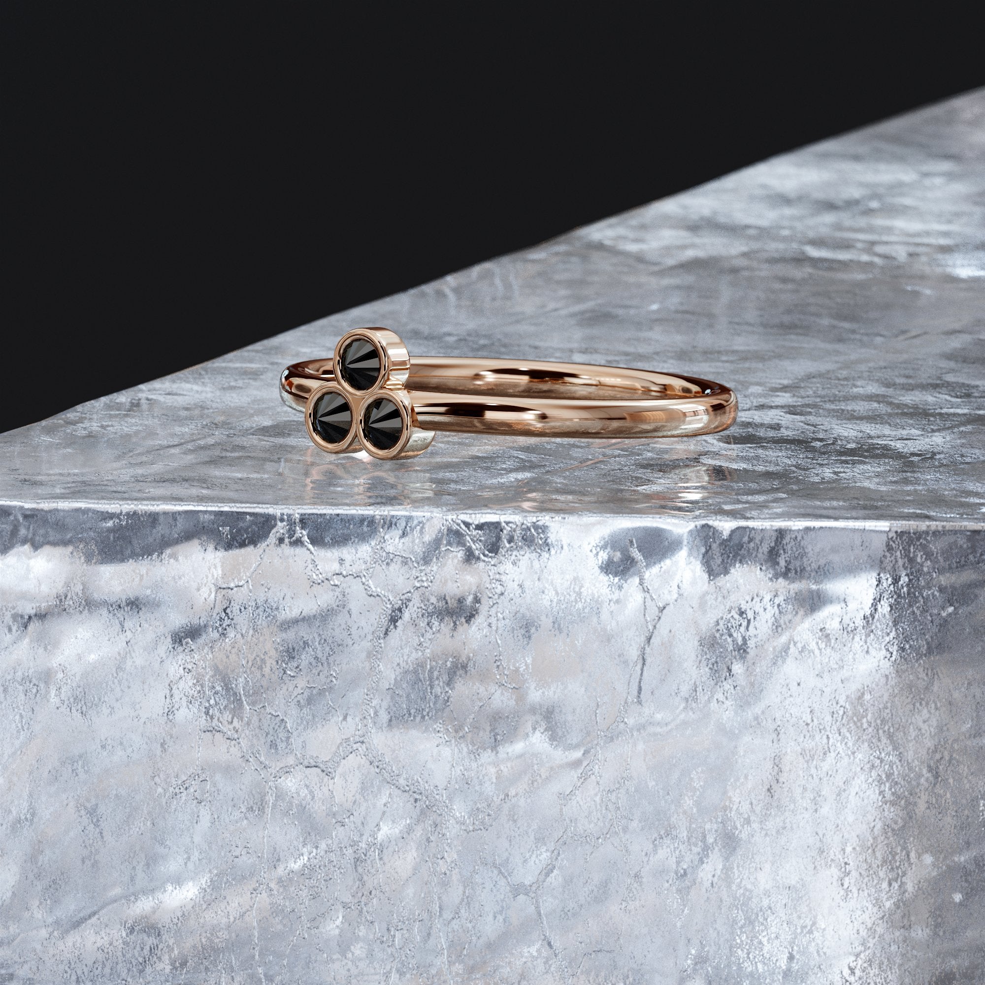 Wild's Triplet - Inverted Natural Black Round cut Diamond Ring in Rose Gold