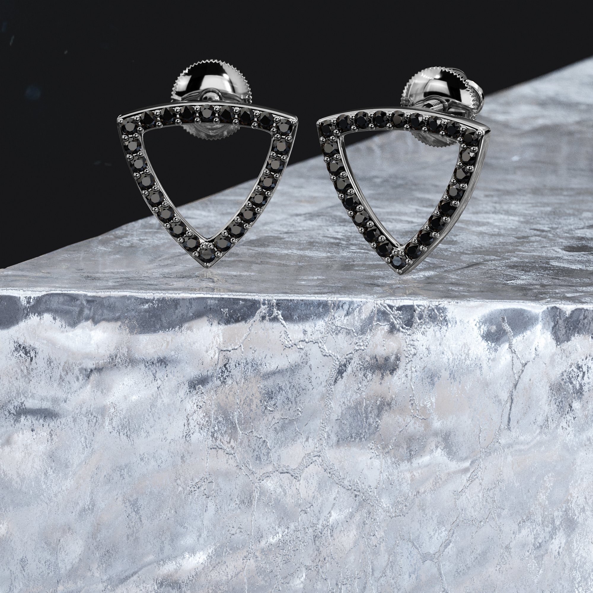 Triangle Natural Black Diamonds White Gold Unique Earrings