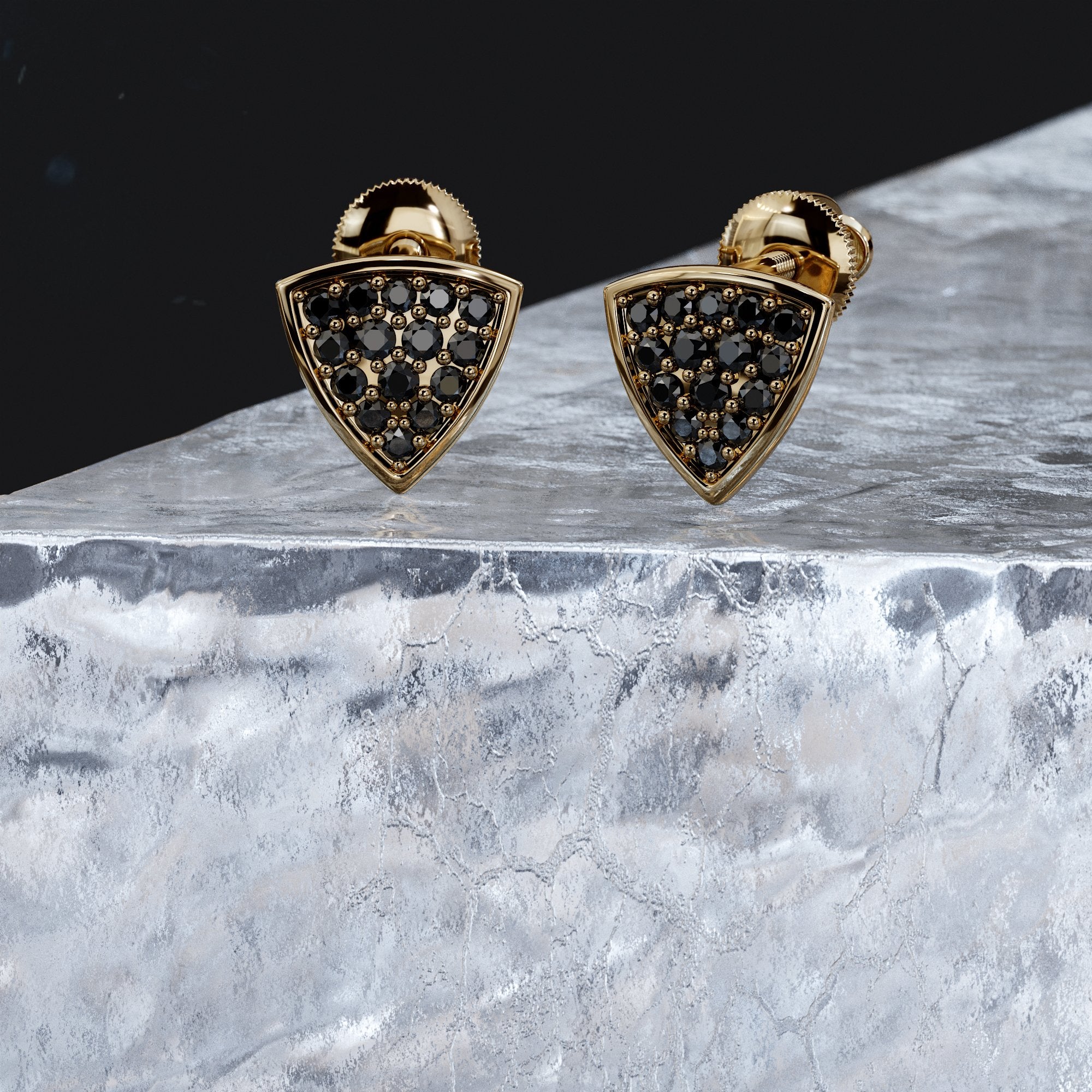 Triangle Natural Black Diamonds Yellow Gold Unique Earrings
