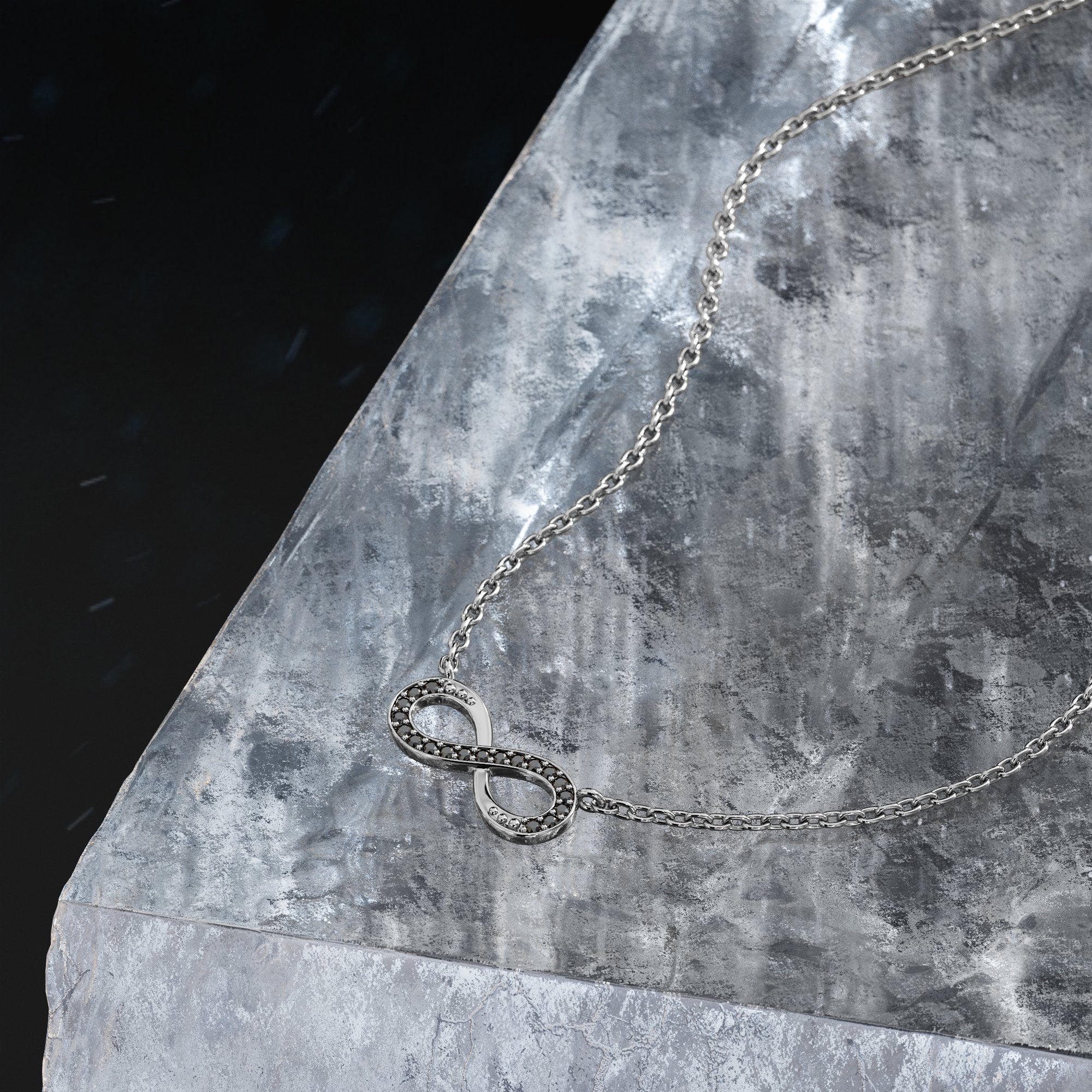 Infinity Natural Black Diamond Alternative Pendant with a White Necklace