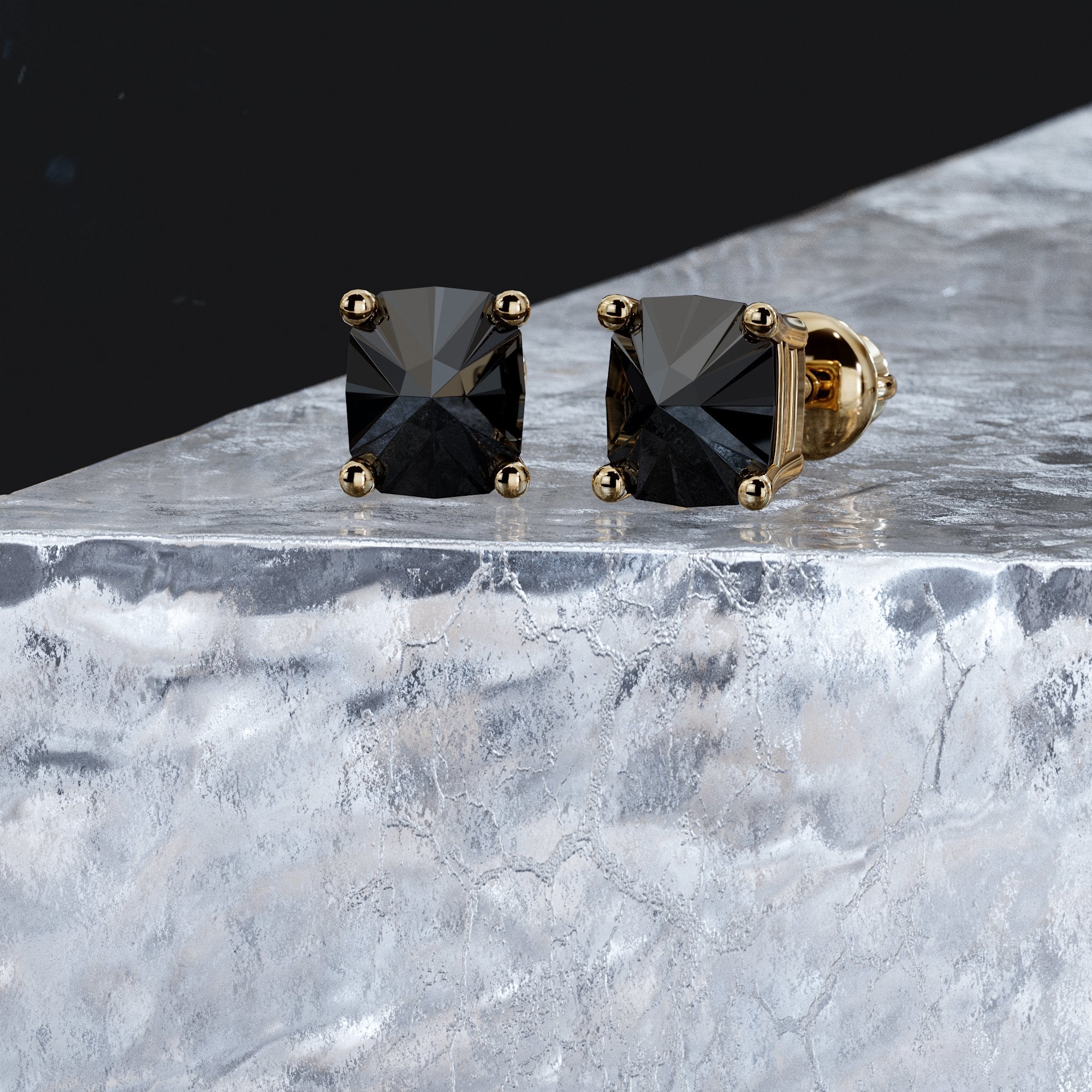 Tuxedo - Natural Black Diamonds Yellow Gold Unique Earrings