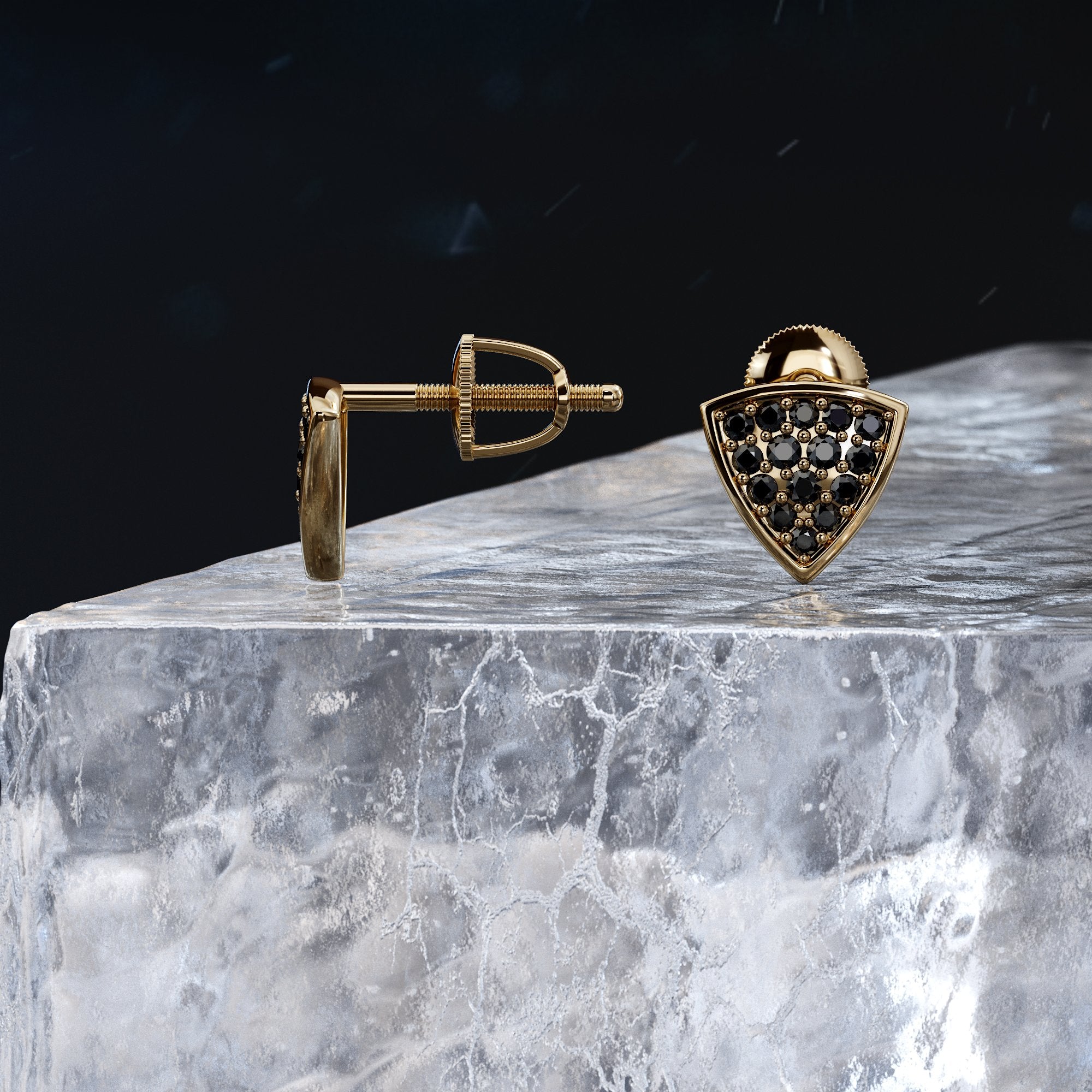 Triangle Natural Black Diamonds Yellow Gold Unique Earrings