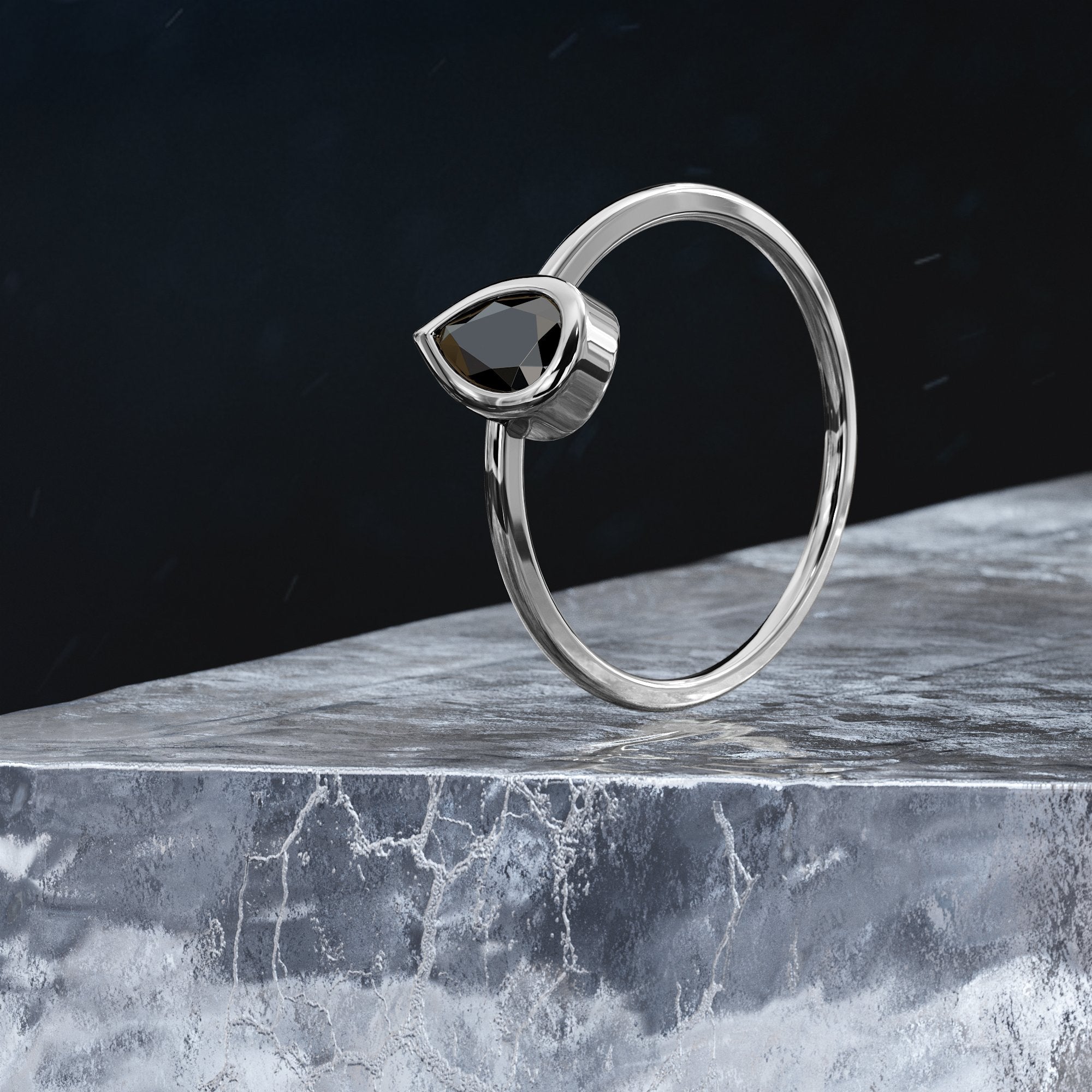 Bezel Natural Black Diamond Pear Cut Engagement Ring