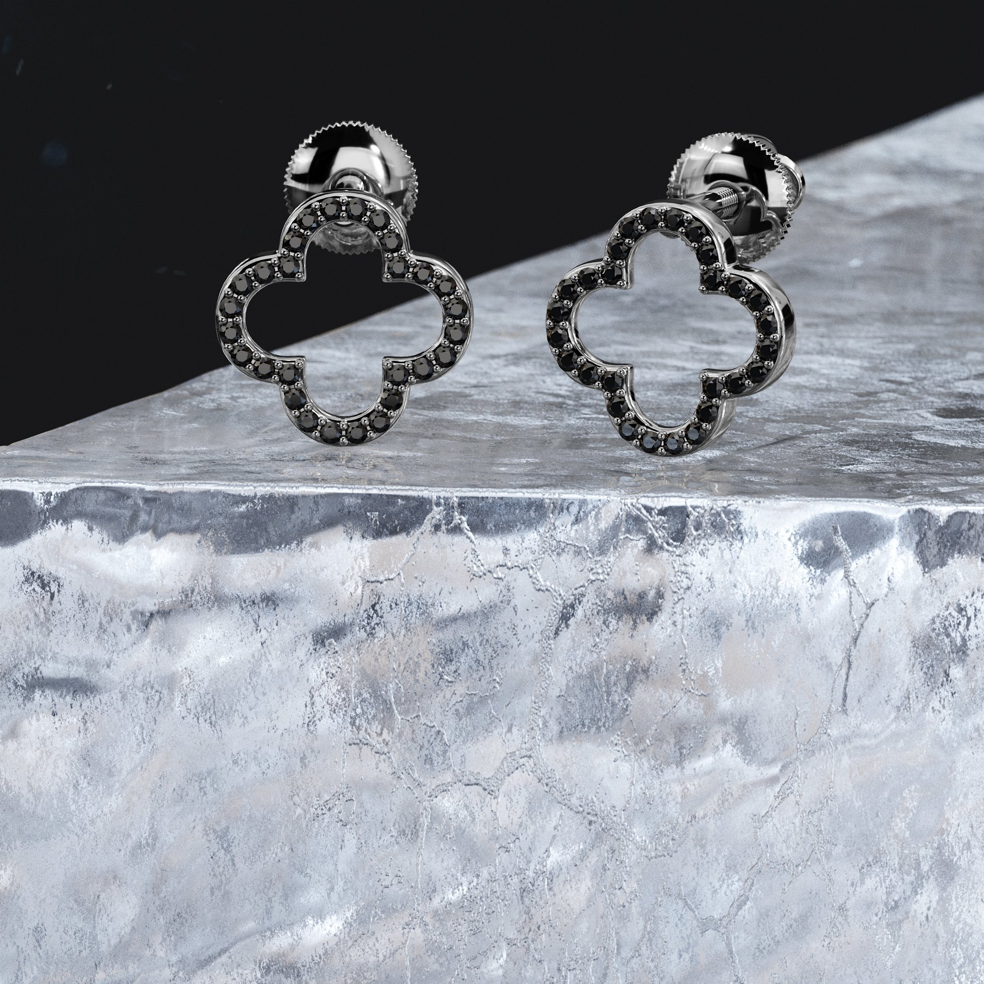 Floral Natural Black Diamonds White Gold Unique Earrings