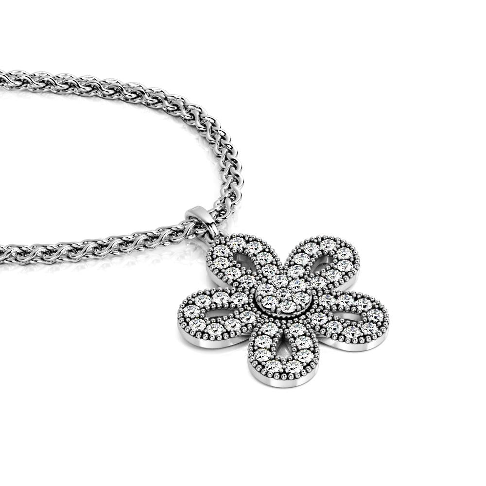 Floral Natural Diamond Pendant with a White Necklace