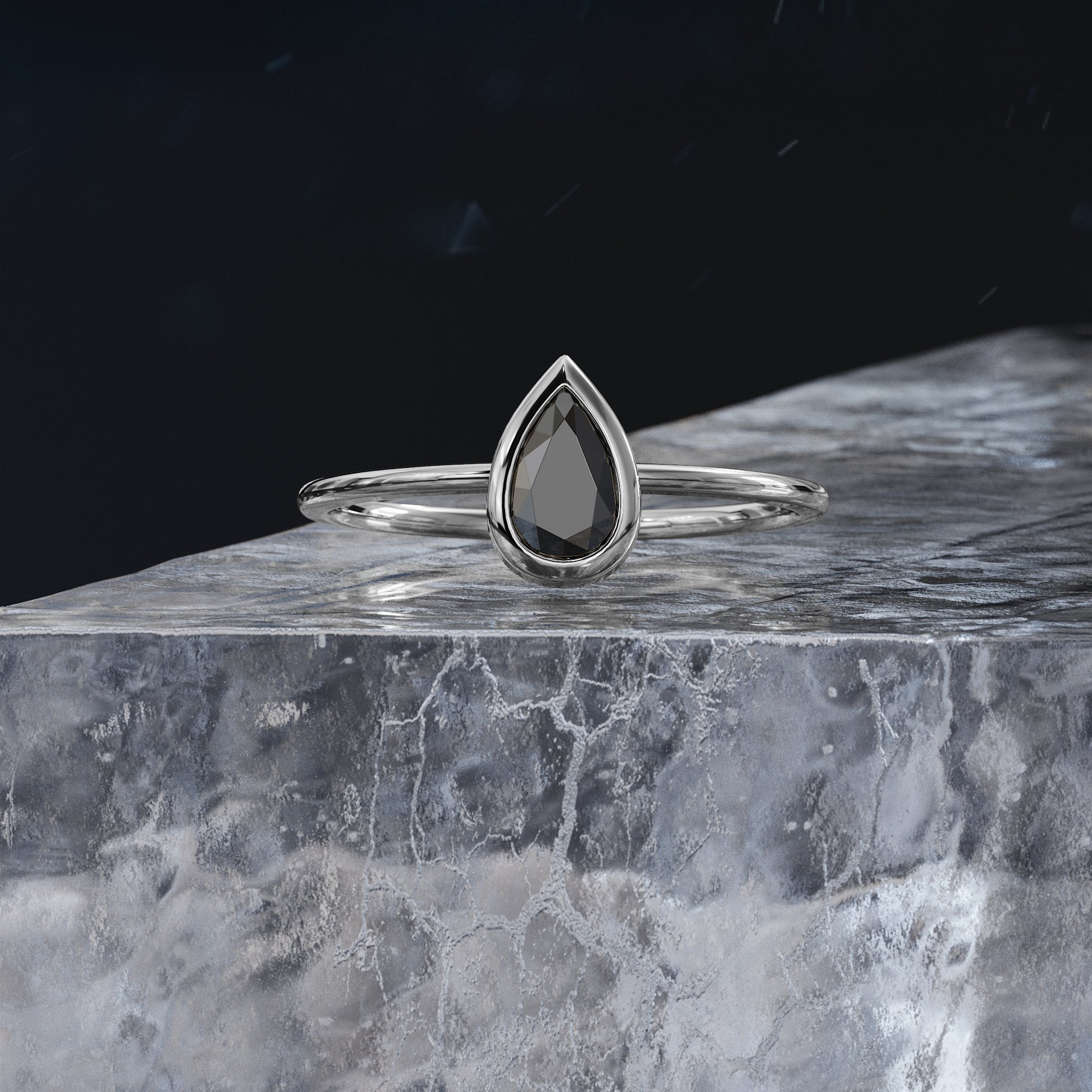 Bezel Natural Black Diamond Pear Cut Engagement Ring