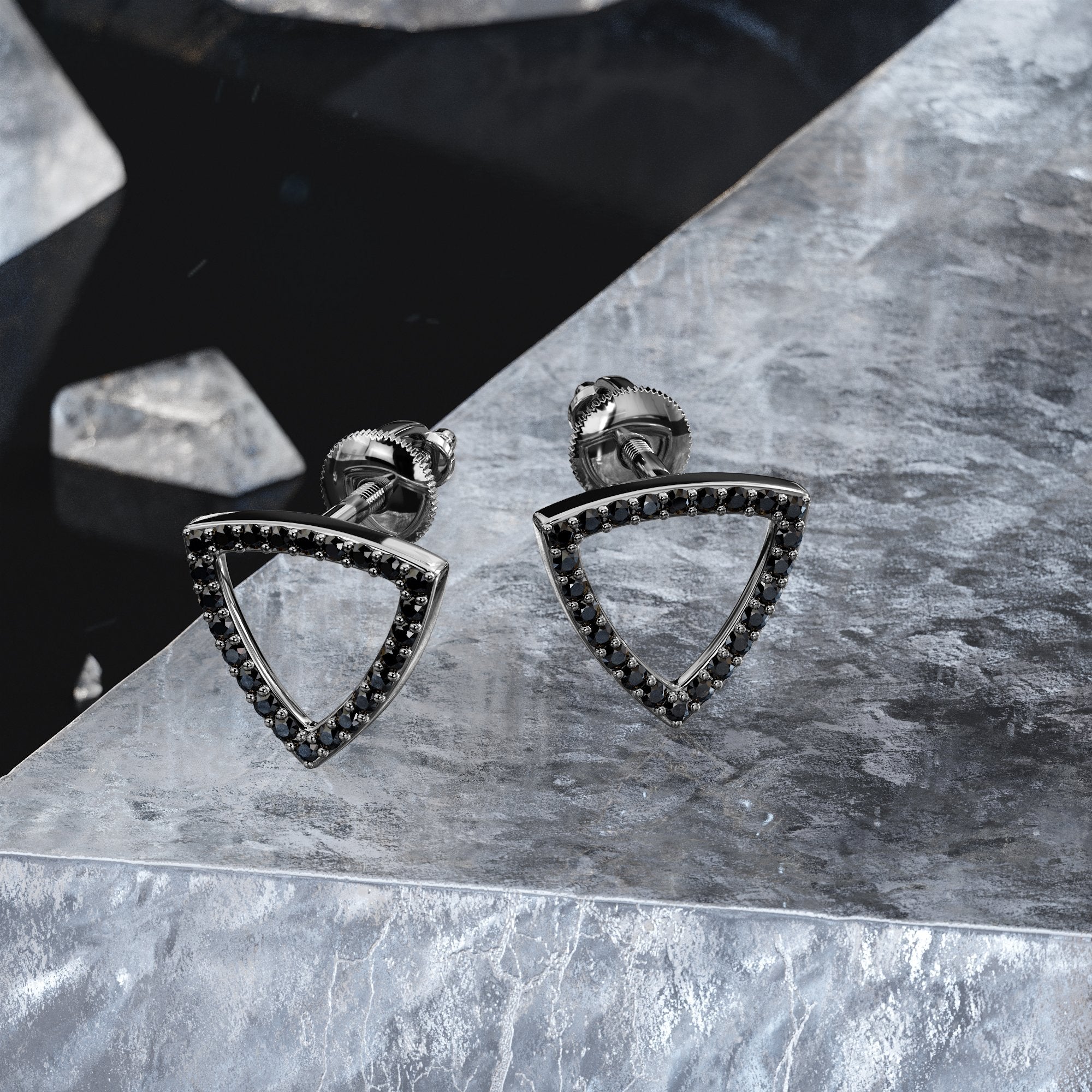 Triangle Natural Black Diamonds White Gold Unique Earrings