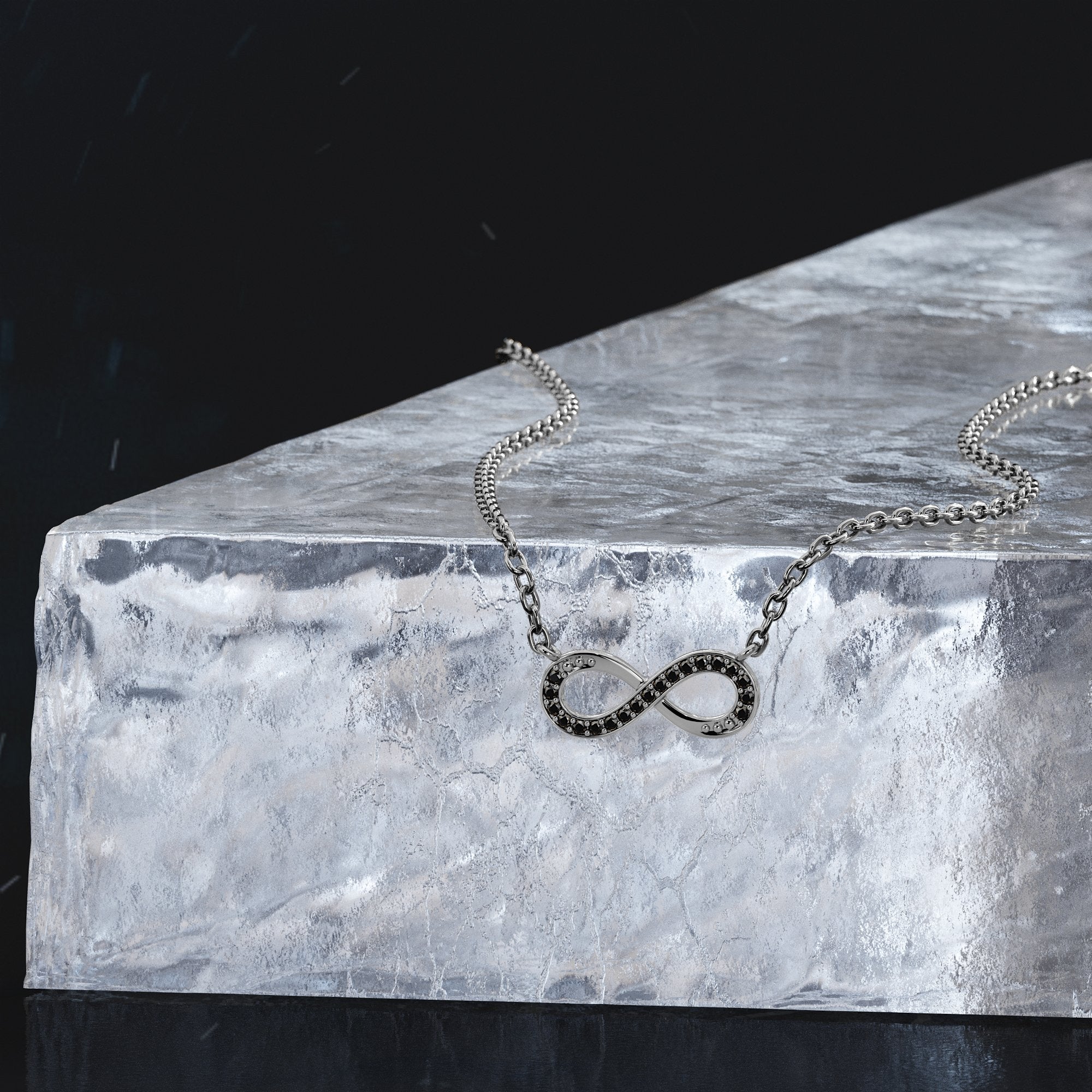 Infinity Natural Black Diamond Alternative Pendant with a White Necklace