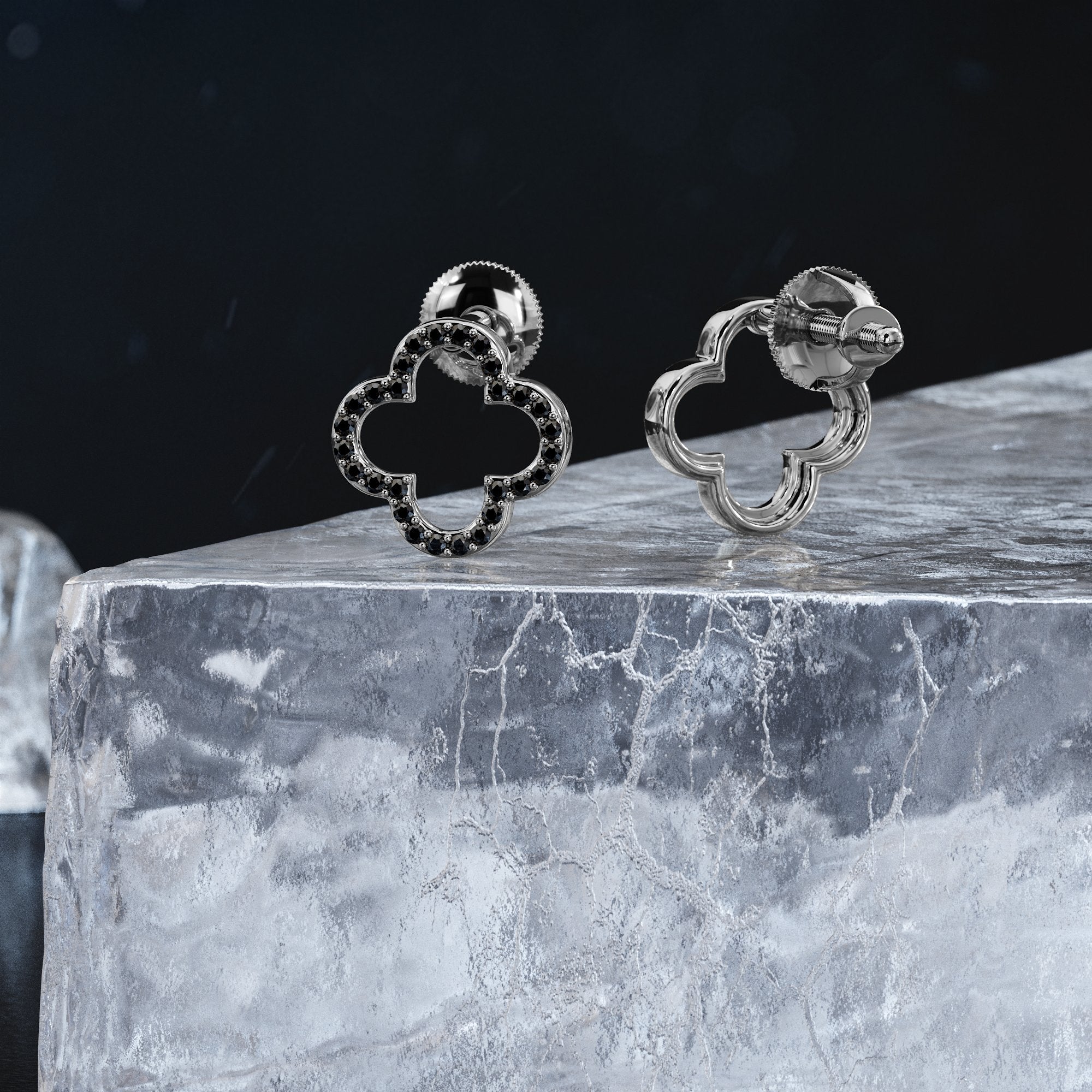 Floral Natural Black Diamonds White Gold Unique Earrings