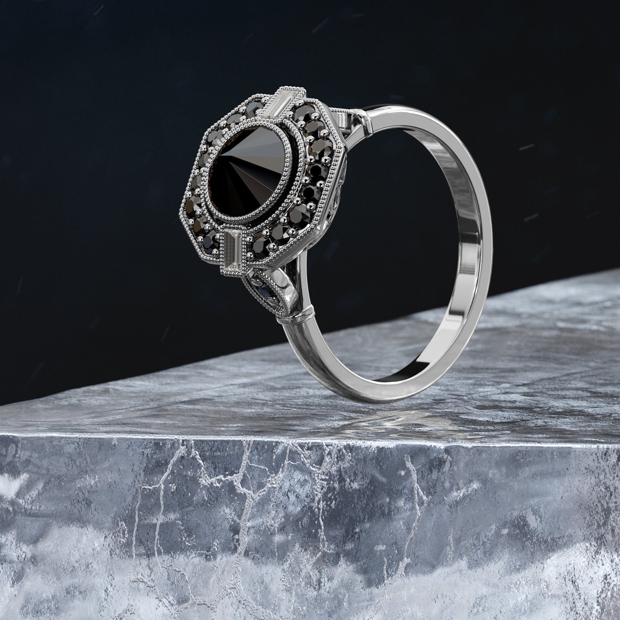 Inverted Natural Black & White Baguette Diamond Ring