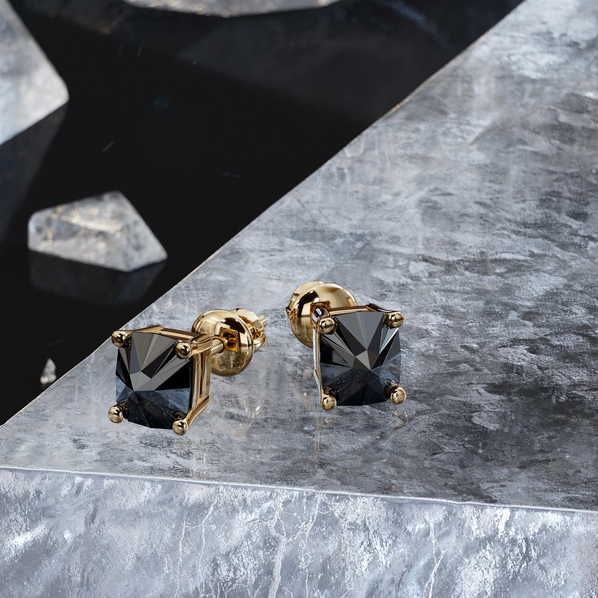 Tuxedo - Natural Black Diamonds Yellow Gold Unique Earrings