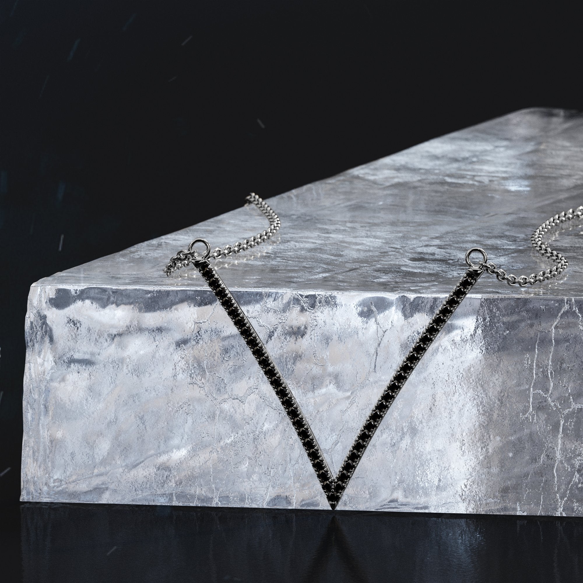 Chevron Natural Black Diamond Alternative Pendant with a White Necklace