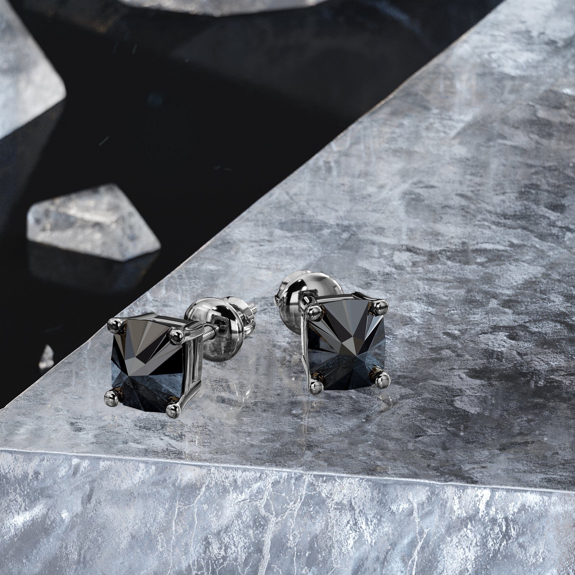 Cushion Cut Natural Black Diamonds White Gold Unique Earrings