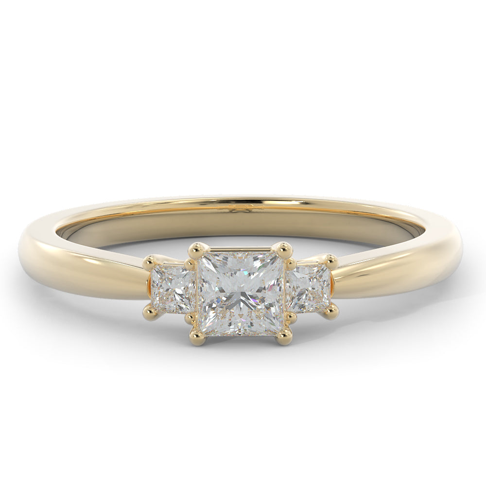 Three Stone Square Natural Princess  Diamond Engagement Ring in Yellow Gold