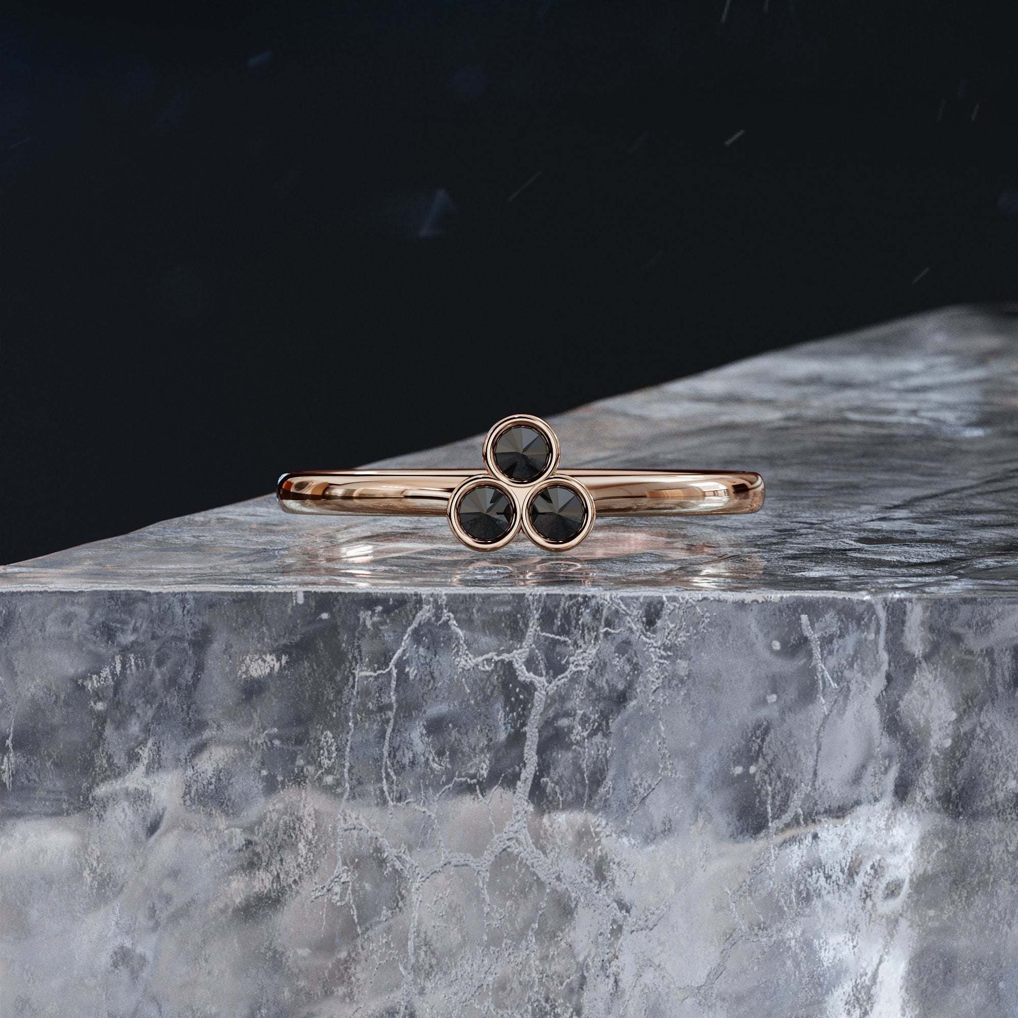 Wild's Triplet - Inverted Natural Black Round cut Diamond Ring in Rose Gold