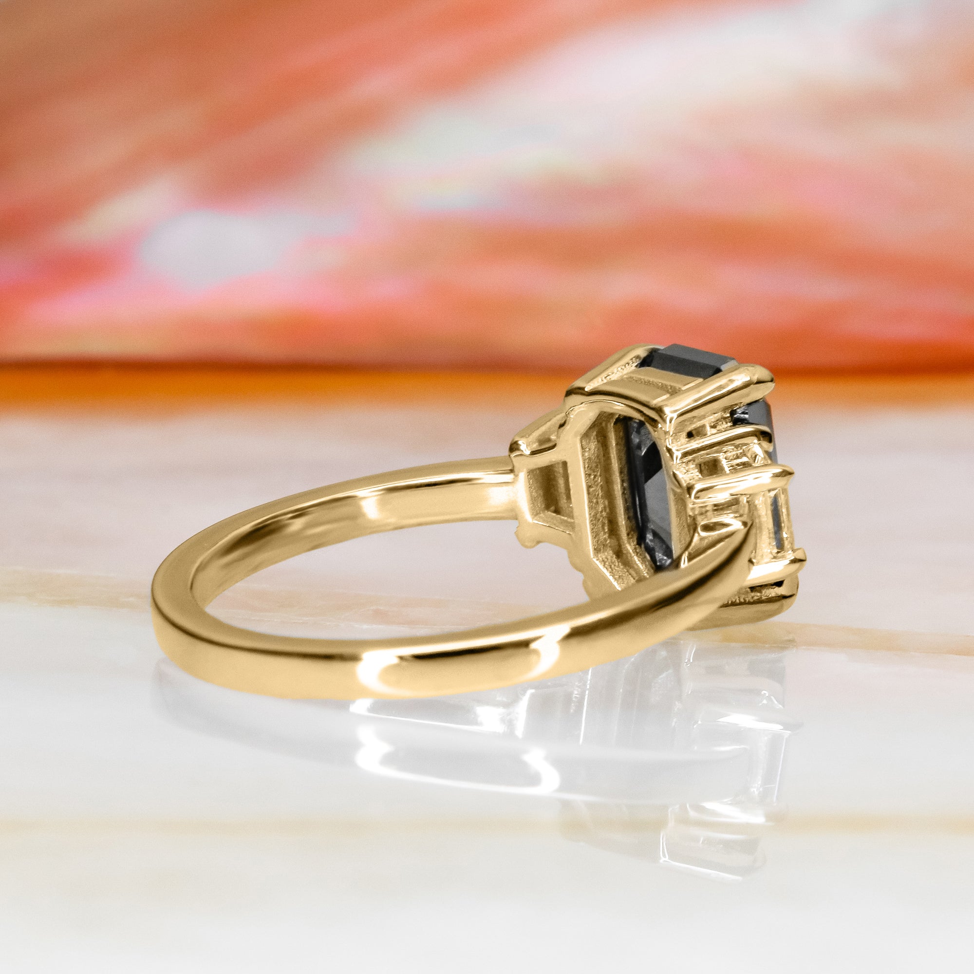 Art Deco Black & White Natural Diamond Emerald Cut Engagement Ring